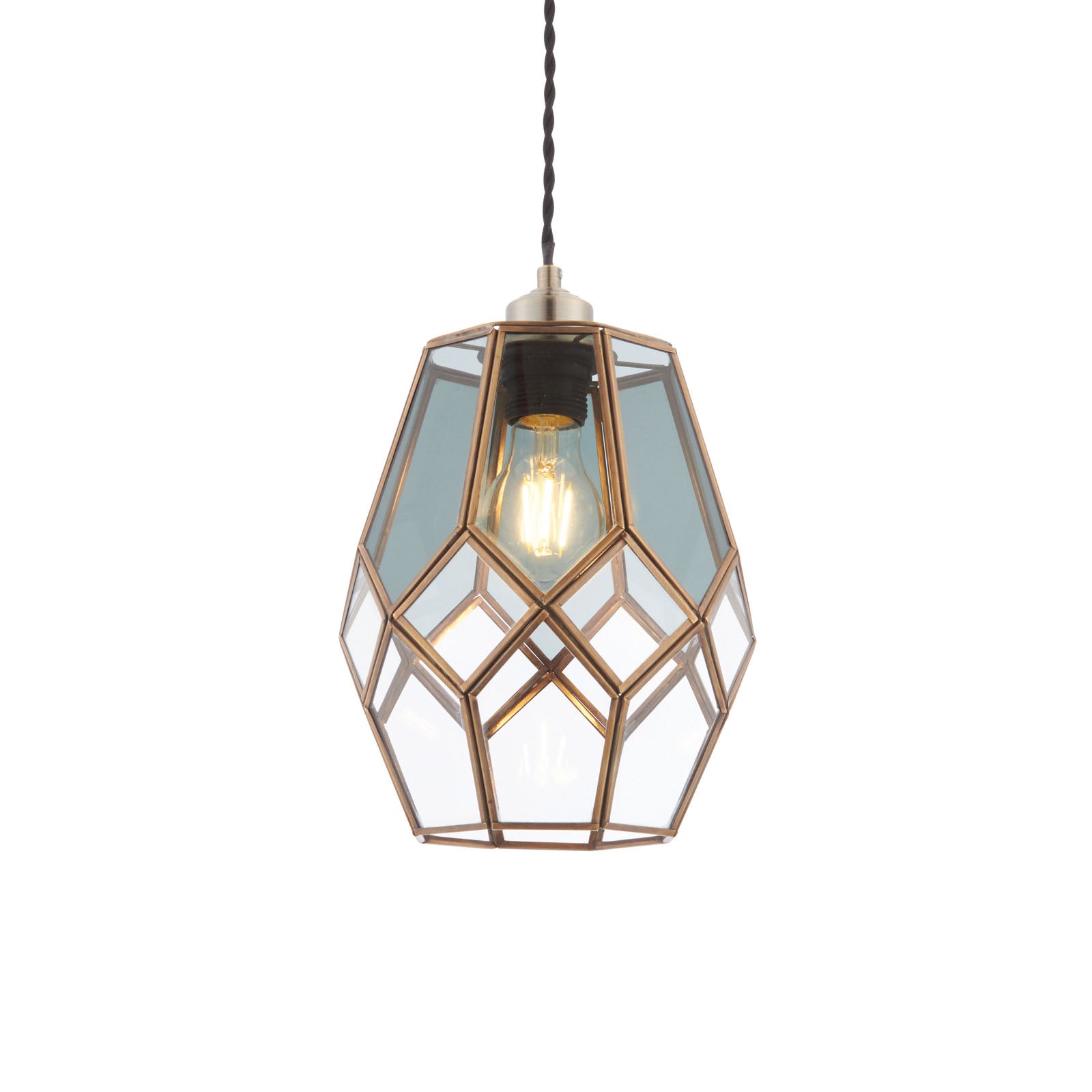 Ripley Glass Cage Pendant Light (Clear & Grey Glass, Antique Brass)