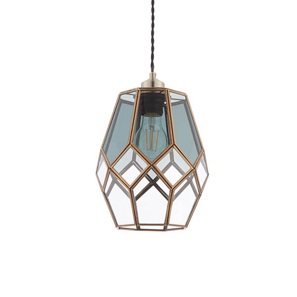 Ripley Glass Cage Pendant Light (Clear & Grey Glass, Antique Brass)