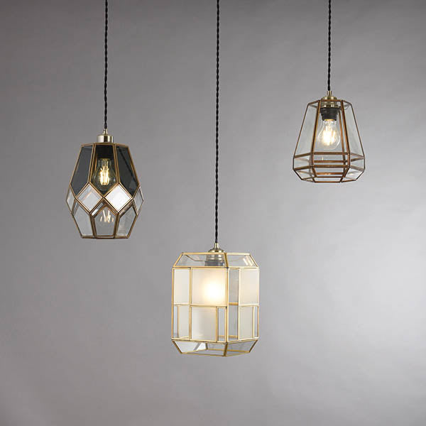 Ripley Glass Cage Pendant Light (Clear & Grey Glass, Antique Brass)