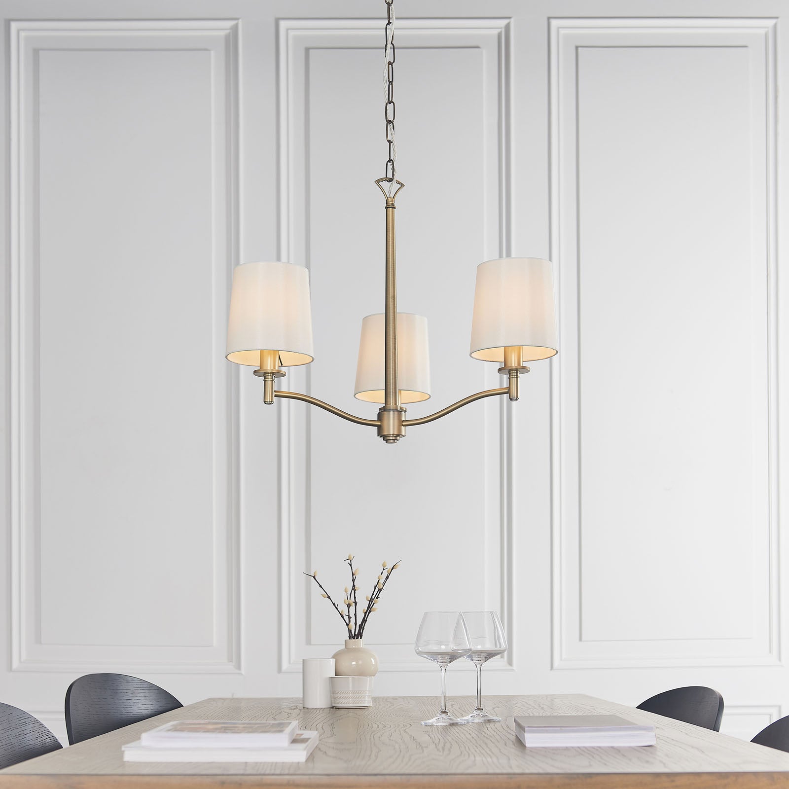 Ortona 3-Light Matt Antique Brass Pendant Light with Vintage White Faux Silk Shades
