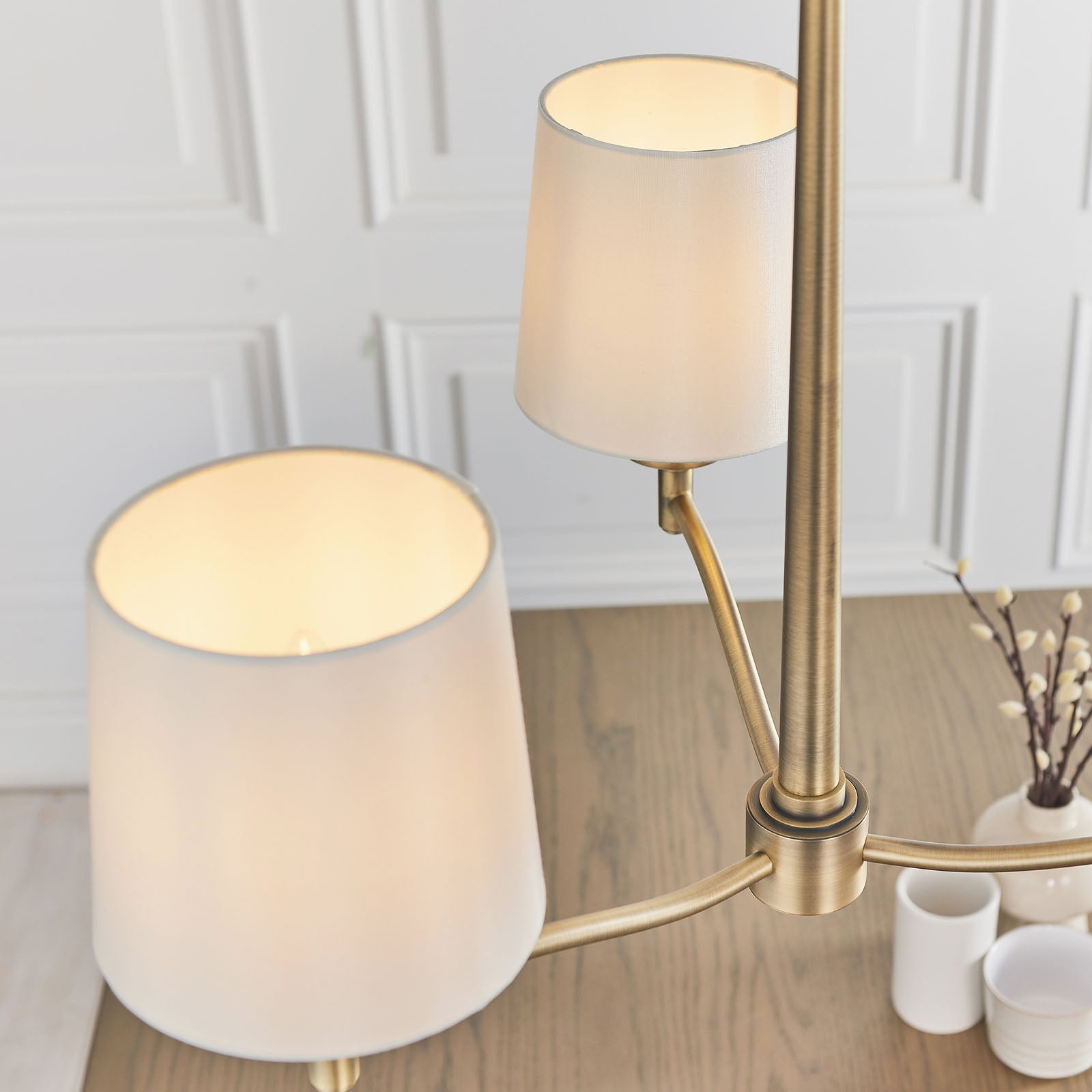 Ortona 3-Light Matt Antique Brass Pendant Light with Vintage White Faux Silk Shades