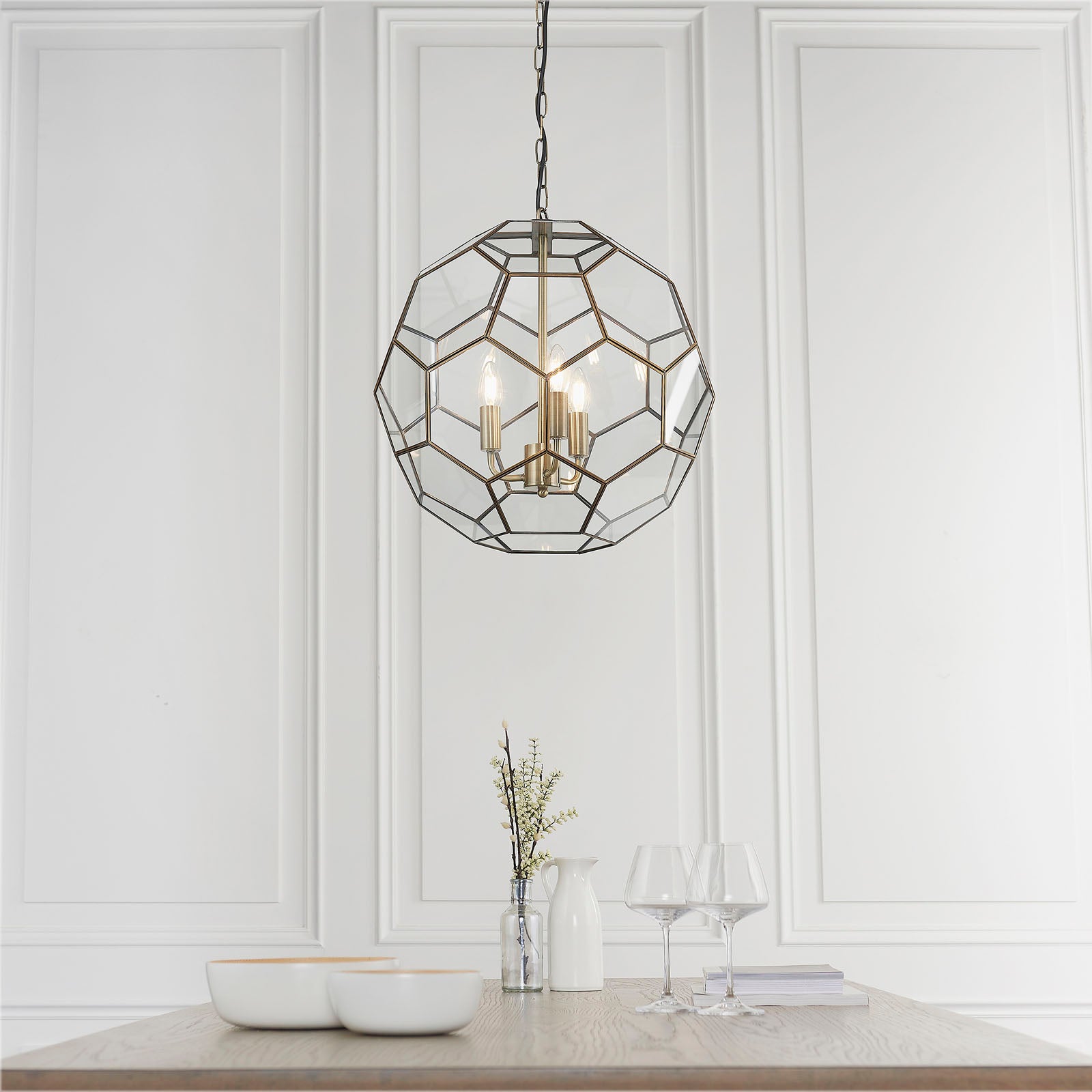 Miele 3-Light Antique Brass Pendant Light with Hexagonal Glass Panels