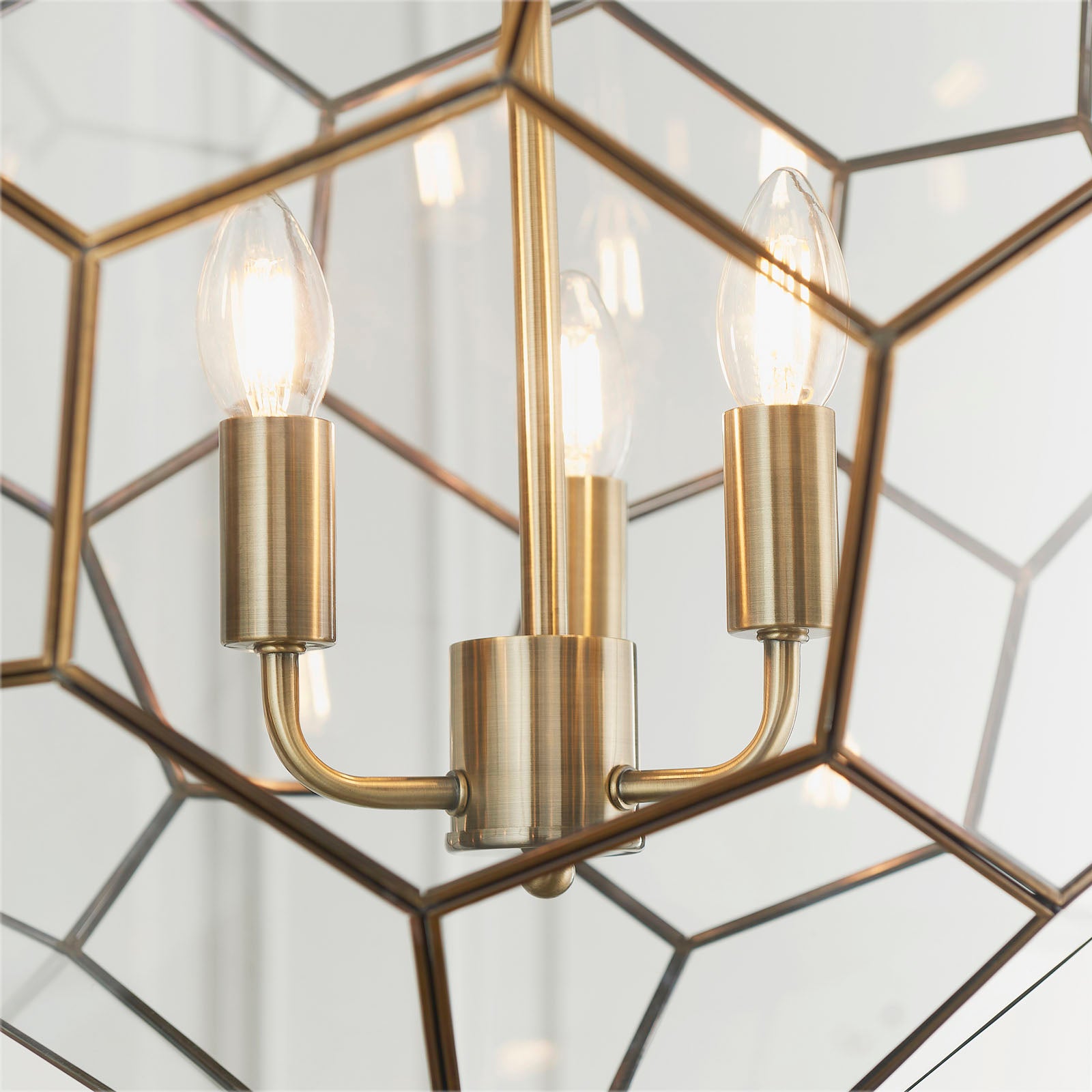Miele 3-Light Antique Brass Pendant Light with Hexagonal Glass Panels
