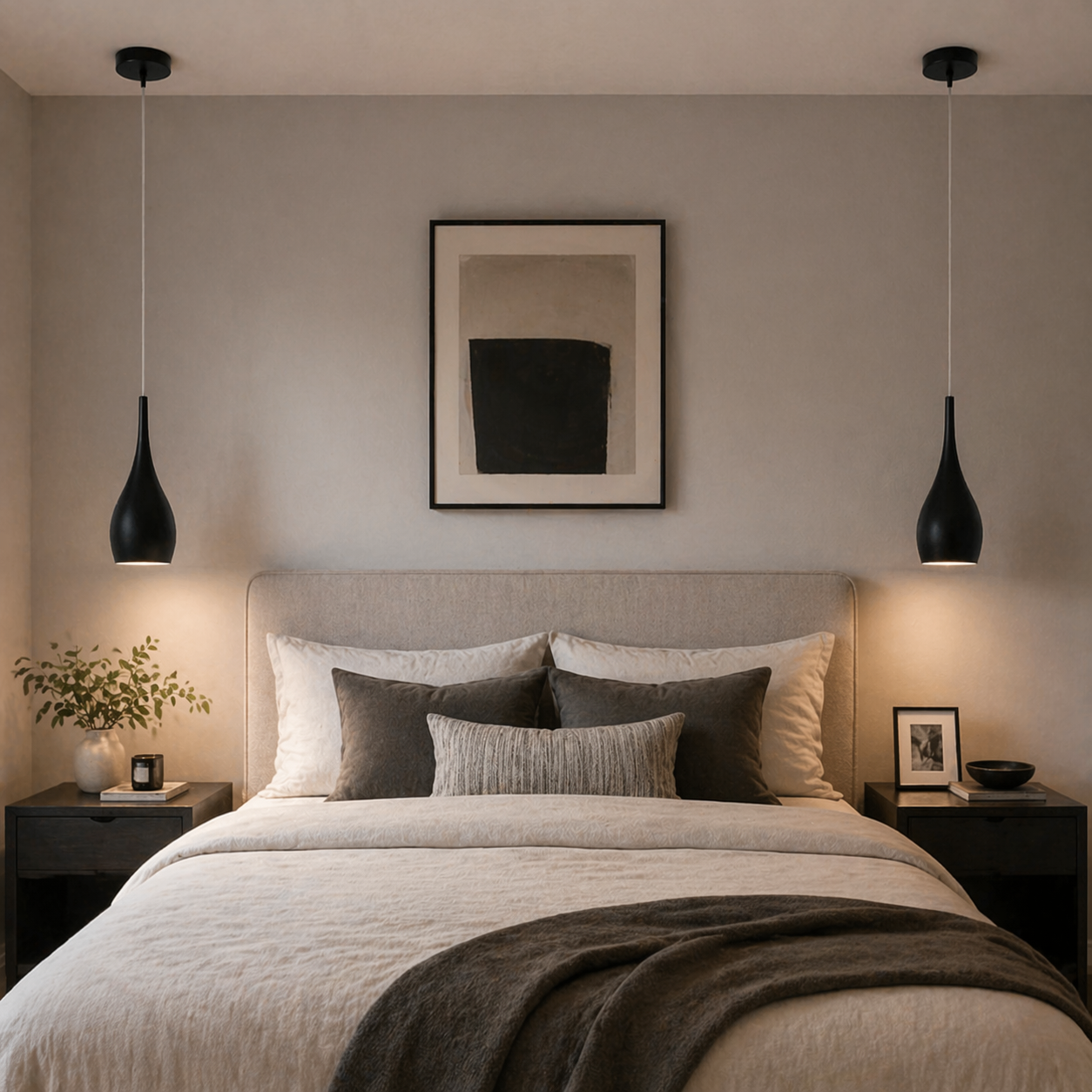 Black pendant light in modern bedroom interior setting