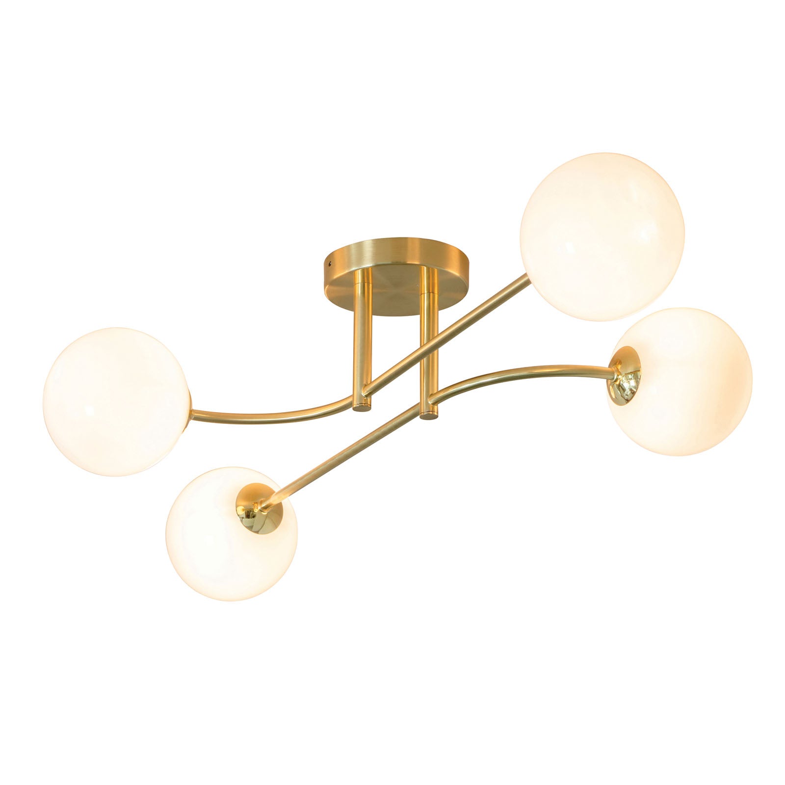 Otto 4-Light Semi-Flush Ceiling Light - Brushed Brass & Gloss Opal Glass (Mid-Century)