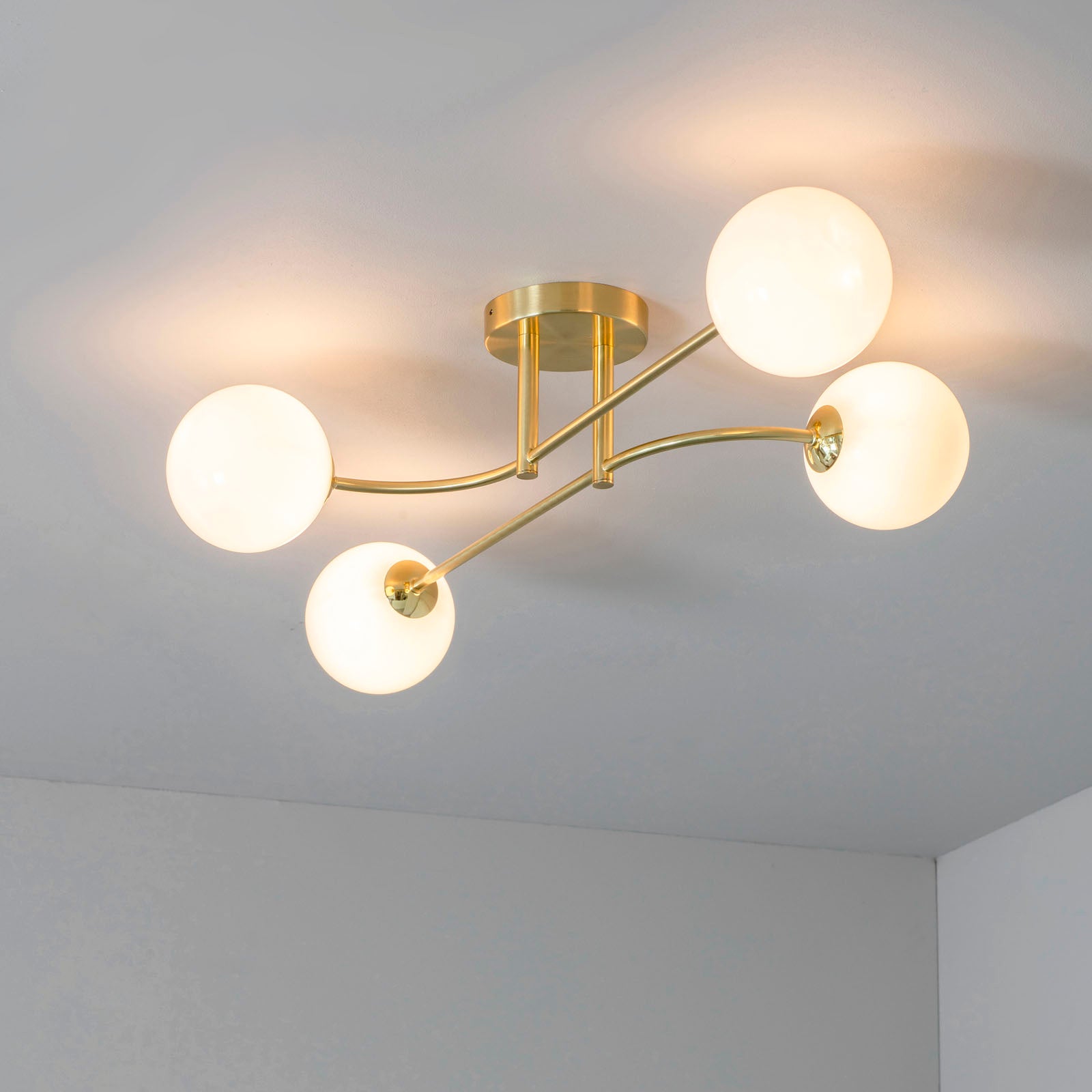 Otto 4-Light Semi-Flush Ceiling Light - Brushed Brass & Gloss Opal Glass (Mid-Century)