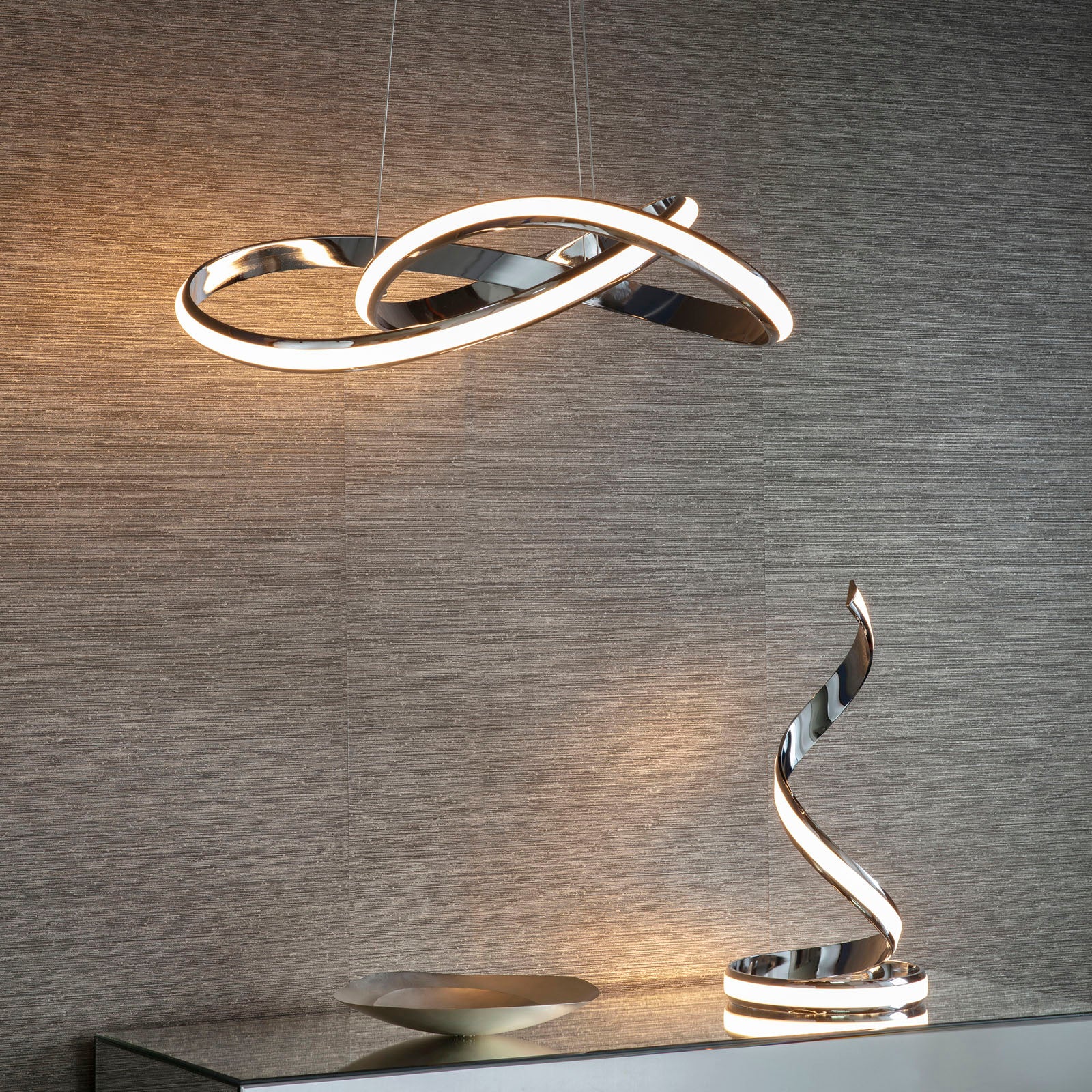 Aria 1-Light LED Pendant: Flowing Curves (Chrome, Height Adjustable)