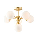 Oscar Brushed Brass 6-Light Mid-Century Semi-Flush Ceiling Light with Gloss White Glass Shades