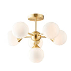 Oscar Brushed Brass 6-Light Mid-Century Semi-Flush Ceiling Light with Gloss White Glass Shades