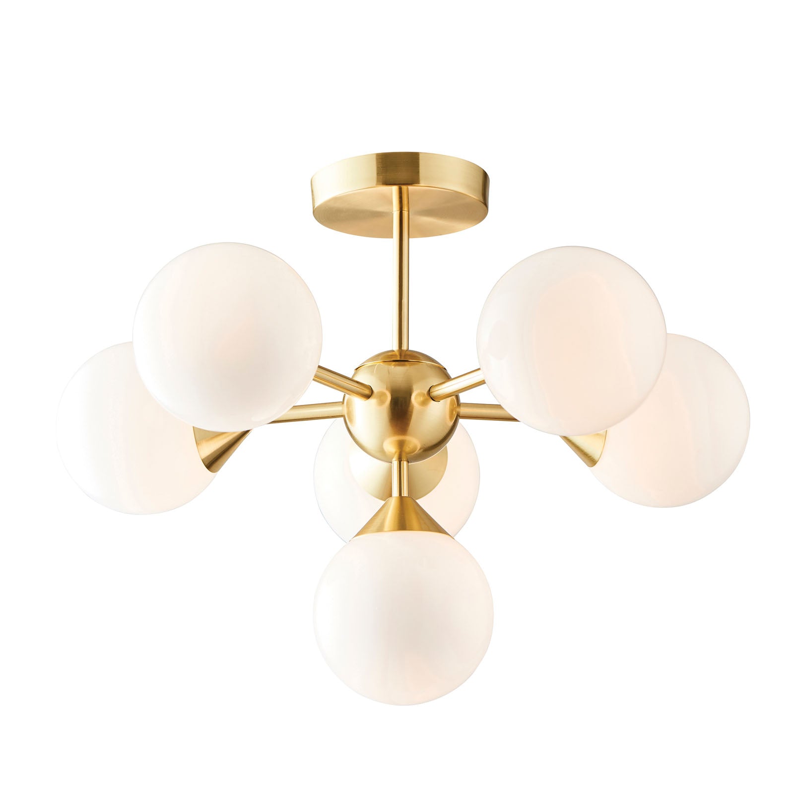Oscar Brushed Brass 6-Light Mid-Century Semi-Flush Ceiling Light with Gloss White Glass Shades