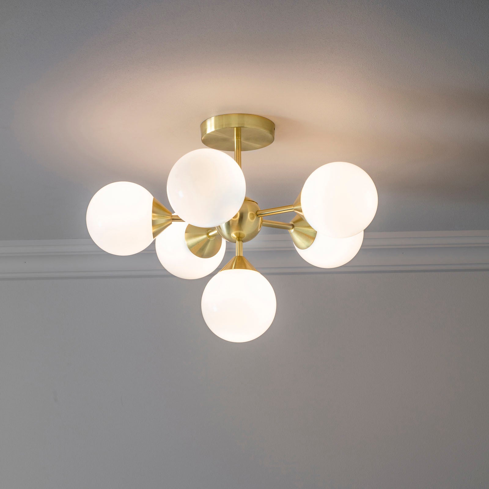 Oscar Brushed Brass 6-Light Mid-Century Semi-Flush Ceiling Light with Gloss White Glass Shades