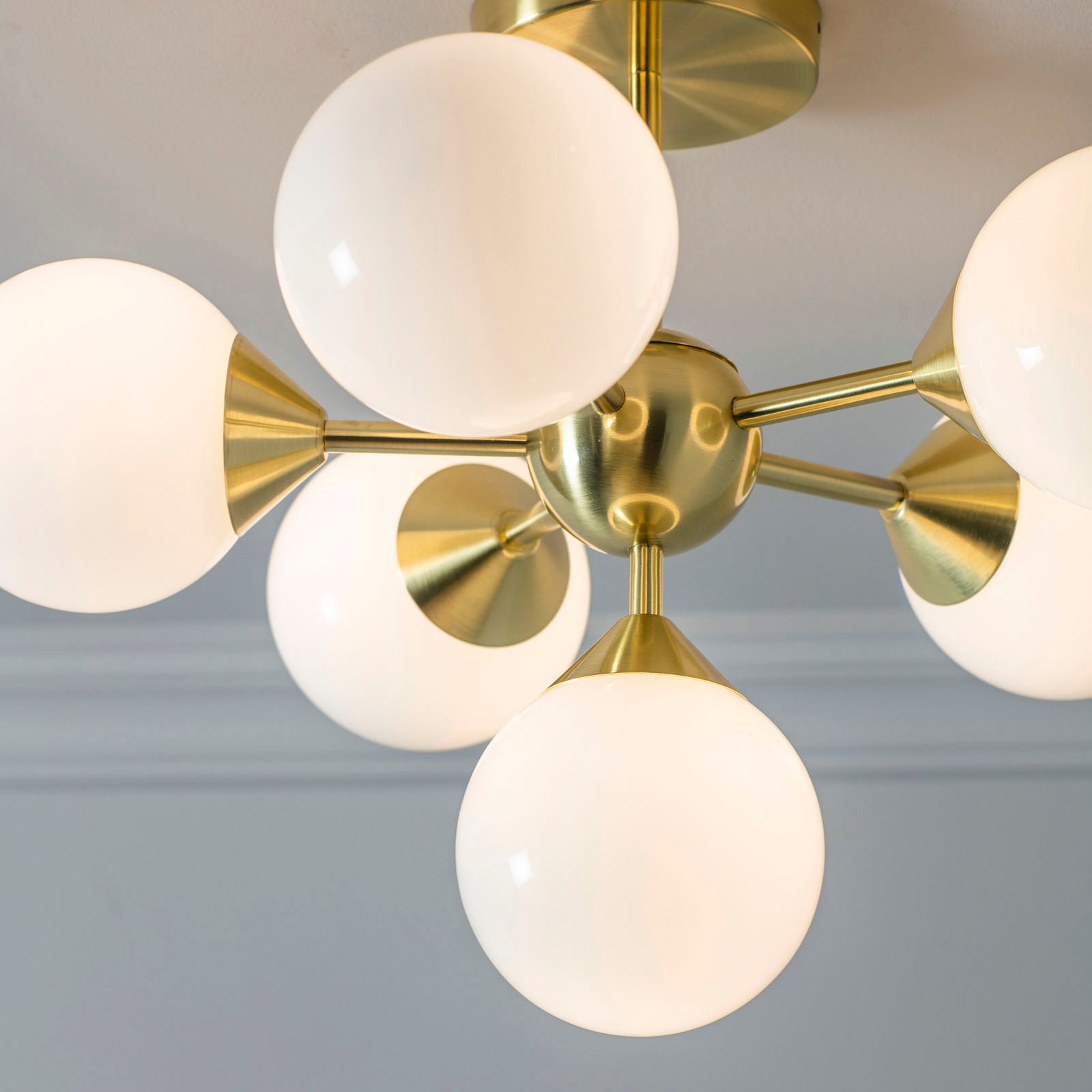 Oscar Brushed Brass 6-Light Mid-Century Semi-Flush Ceiling Light with Gloss White Glass Shades