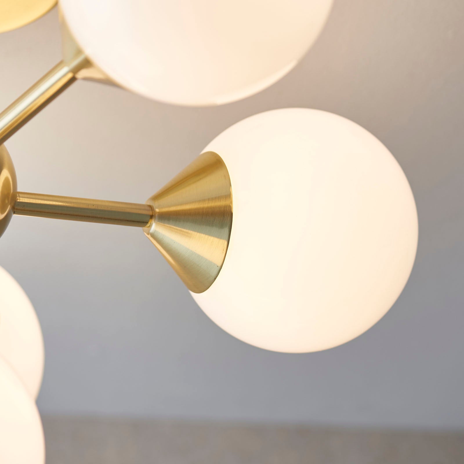 Oscar Brushed Brass 6-Light Mid-Century Semi-Flush Ceiling Light with Gloss White Glass Shades