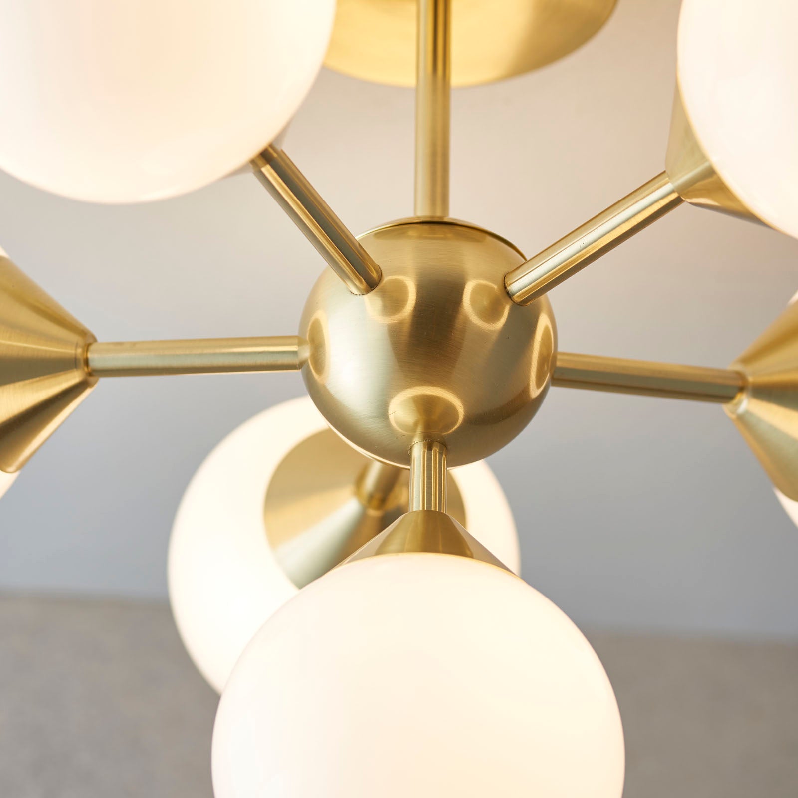Oscar Brushed Brass 6-Light Mid-Century Semi-Flush Ceiling Light with Gloss White Glass Shades