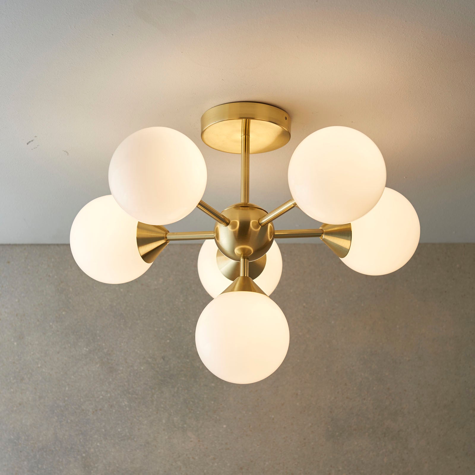 Oscar Brushed Brass 6-Light Mid-Century Semi-Flush Ceiling Light with Gloss White Glass Shades