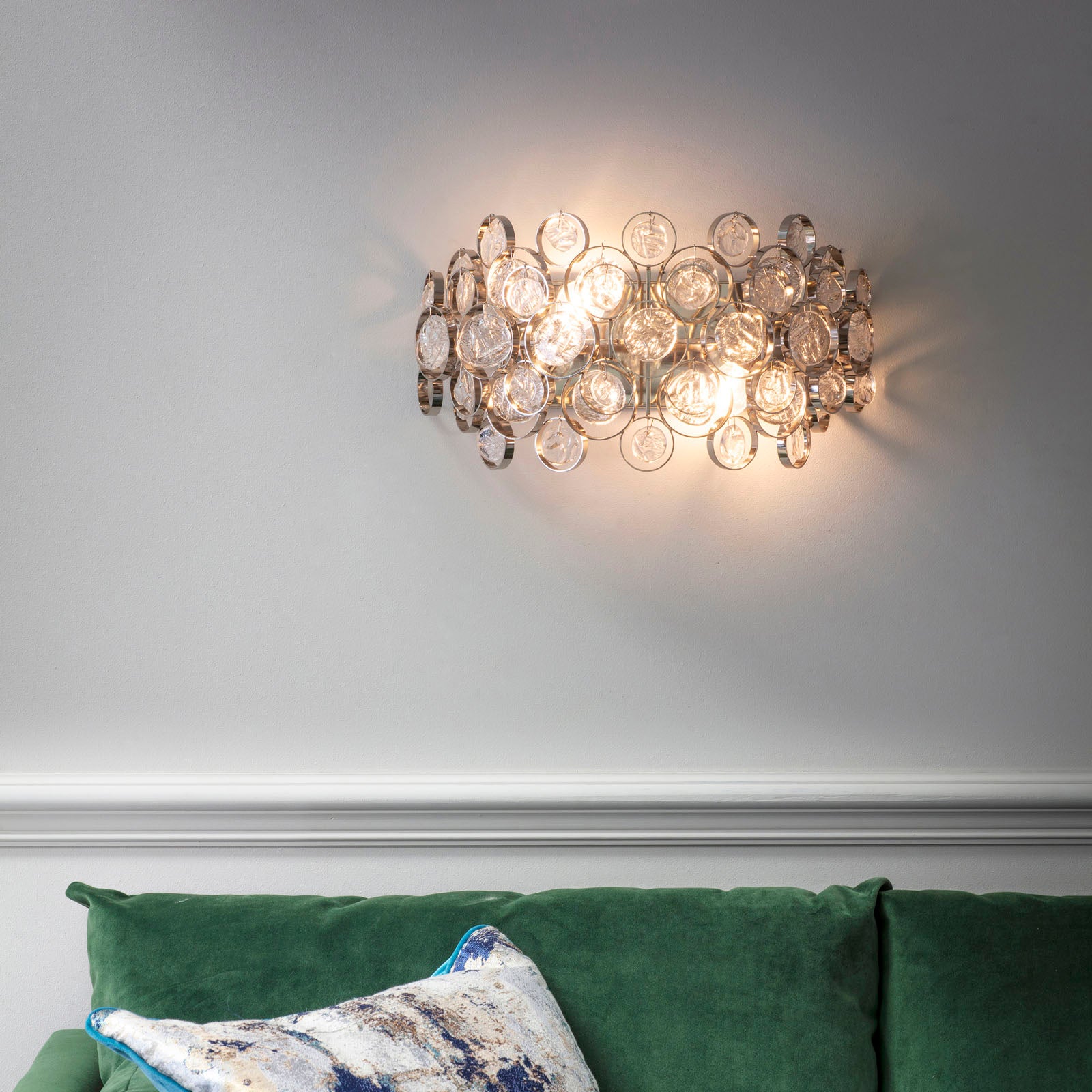 Marella 2-Light Bright Nickel Wall Light with Clear Glass Medallions