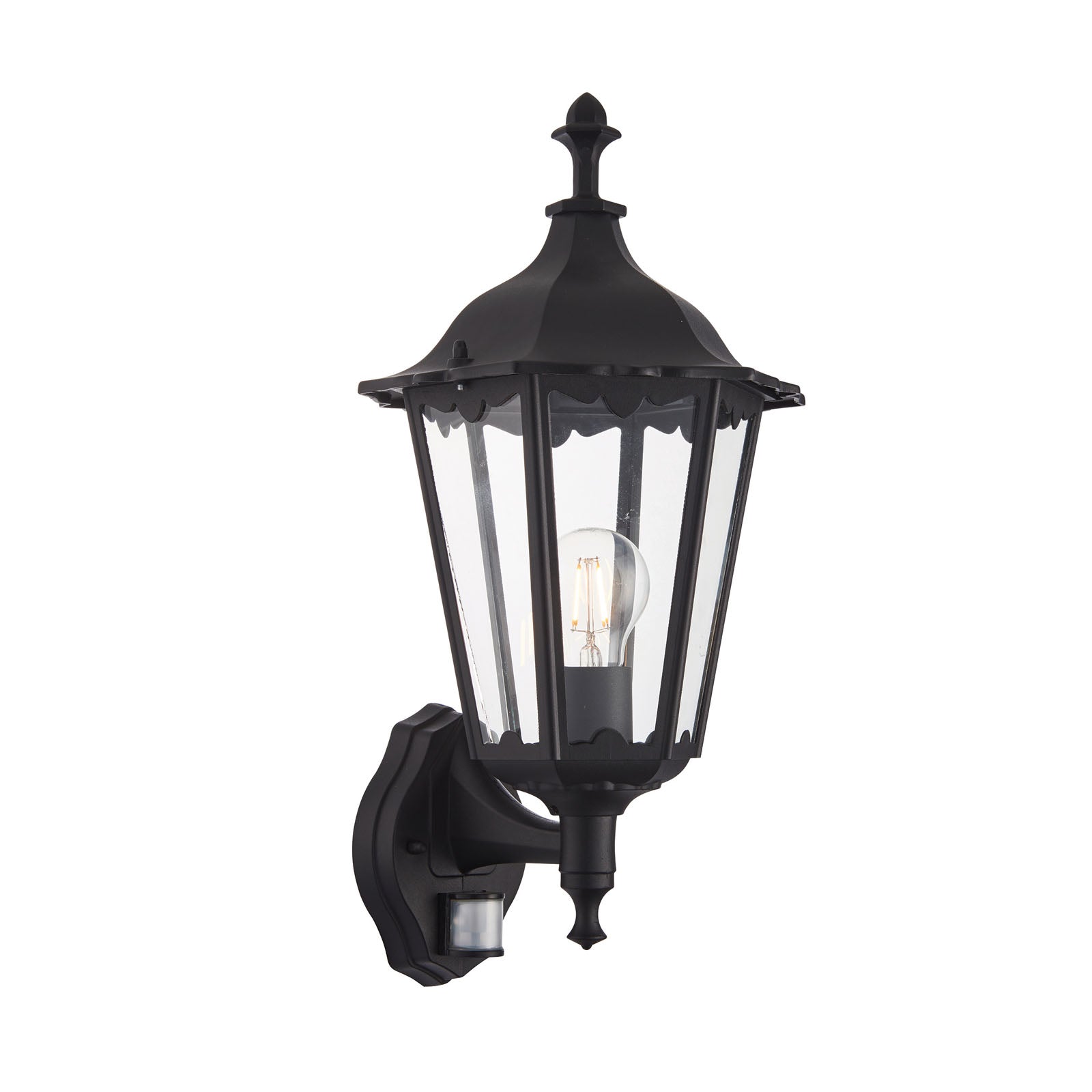 Burford 1-Light Outdoor Wall Lantern: Traditional Design (Matt Black, Glass & PIR Sensor)