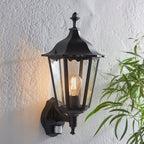 Burford 1-Light Outdoor Wall Lantern: Traditional Design (Matt Black, Glass & PIR Sensor)