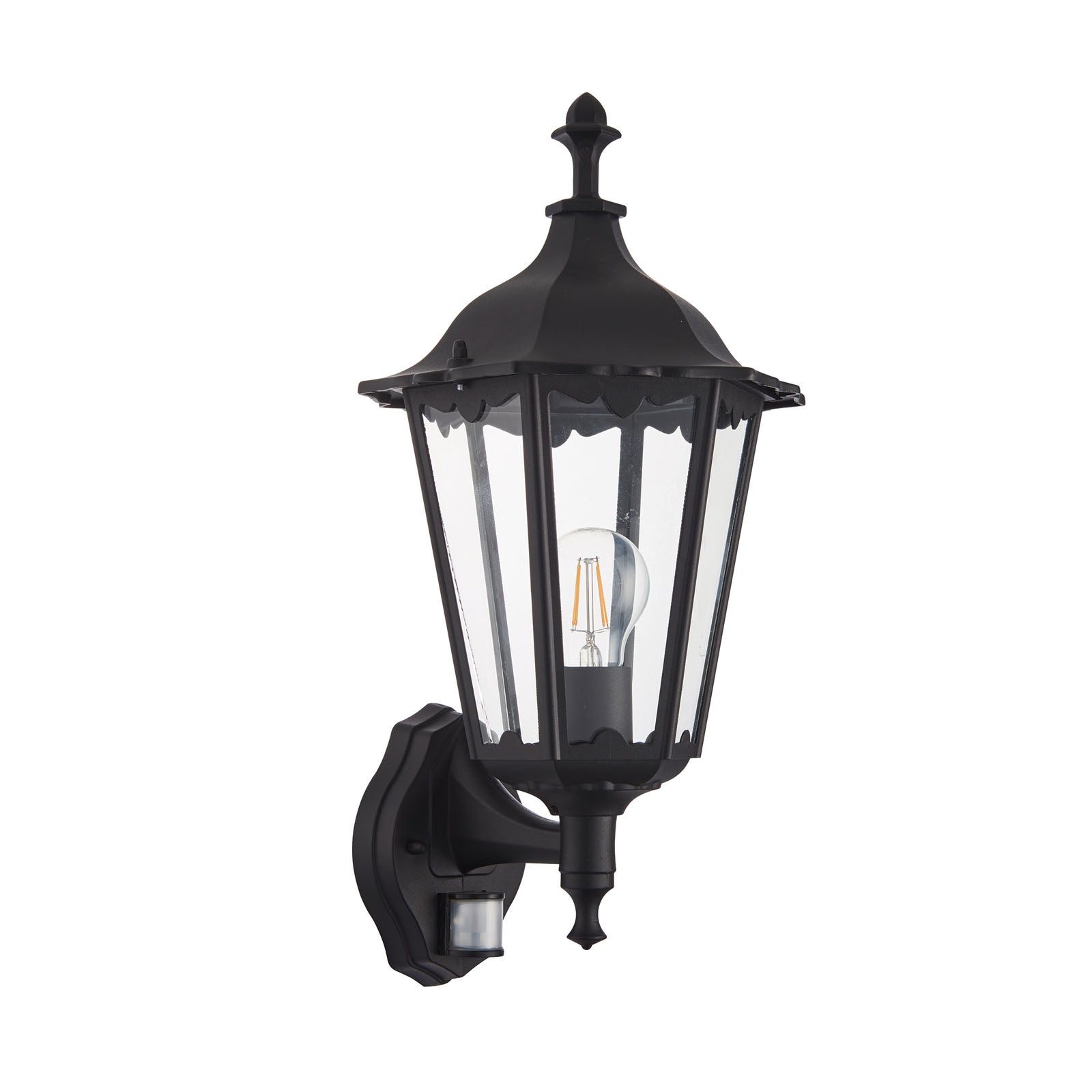 Burford 1-Light Outdoor Wall Lantern: Traditional Design (Matt Black, Glass & PIR Sensor)