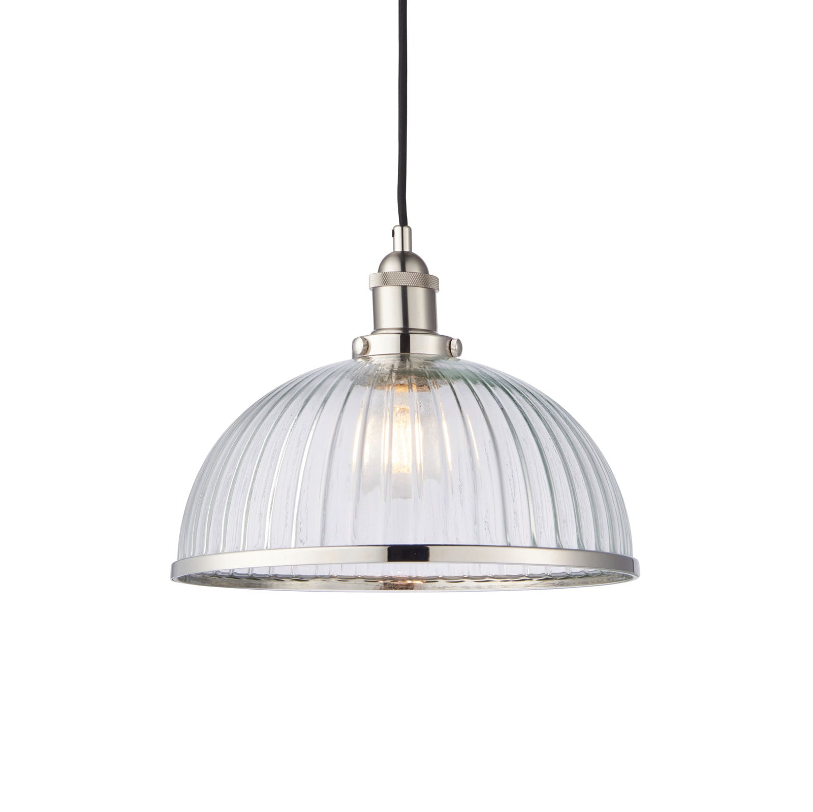 Hansen Bright Nickel Industrial Pendant Lamp with Ribbed Glass