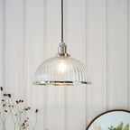 Hansen Bright Nickel Industrial Pendant Lamp with Ribbed Glass