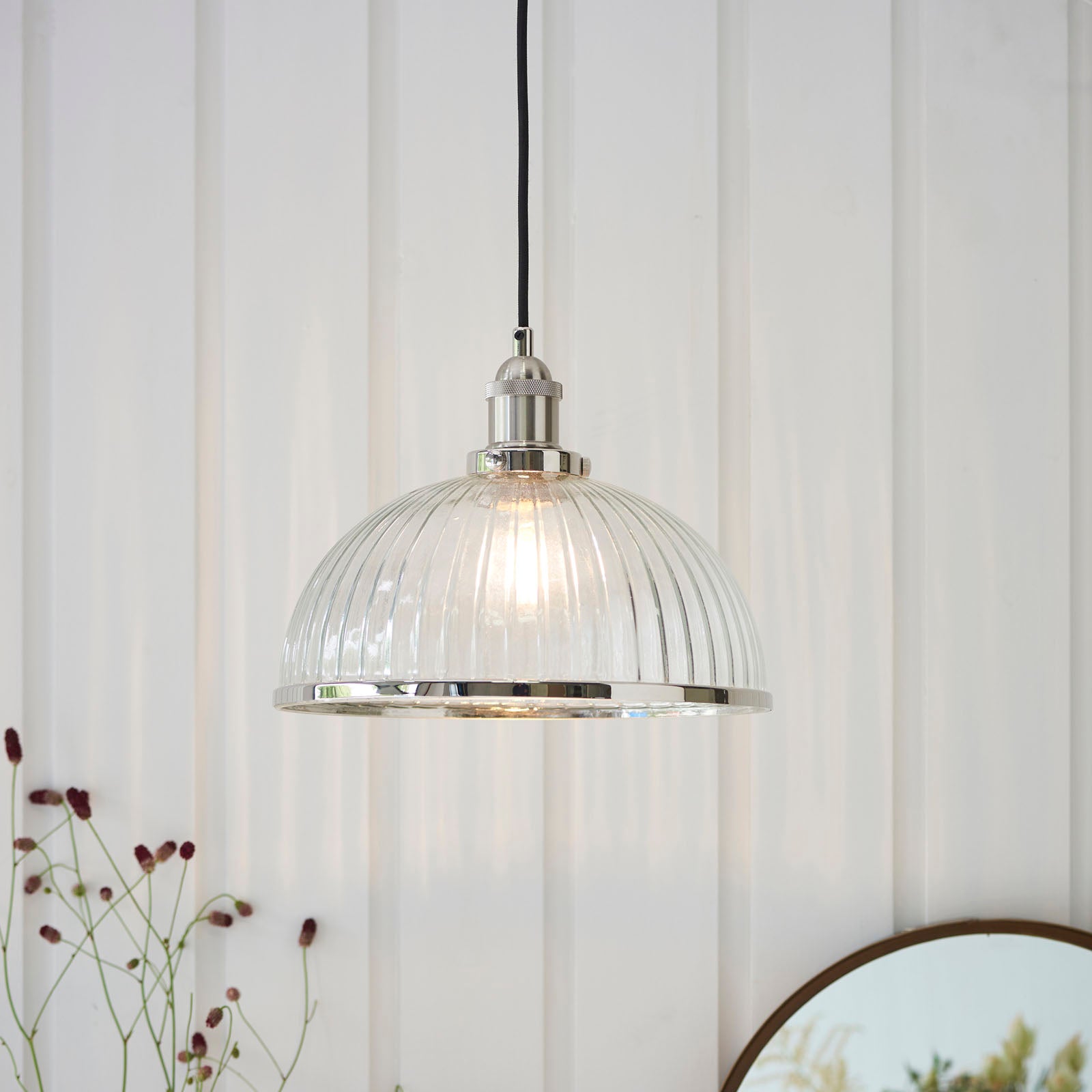 Hansen Bright Nickel Industrial Pendant Lamp with Ribbed Glass