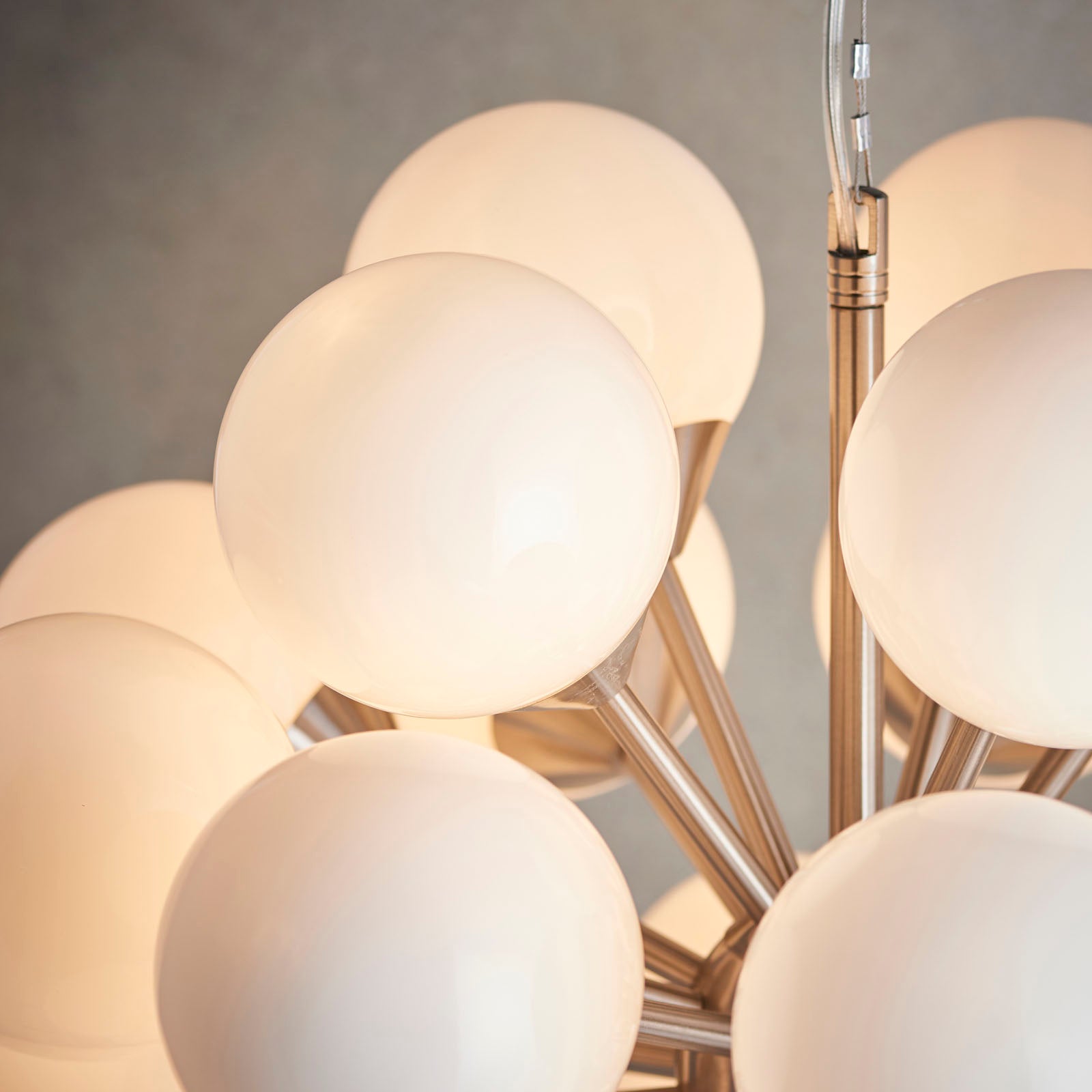 Oscar Satin Nickel 28-Light Mid-Century Pendant with Gloss White Glass Shades