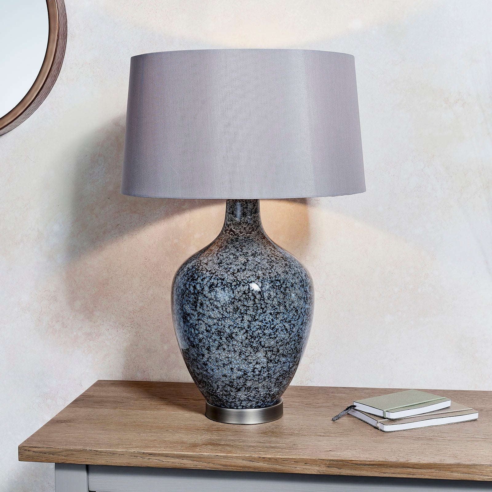 Ilsa Black Glass Table Lamp with Grey Faux Silk Shade