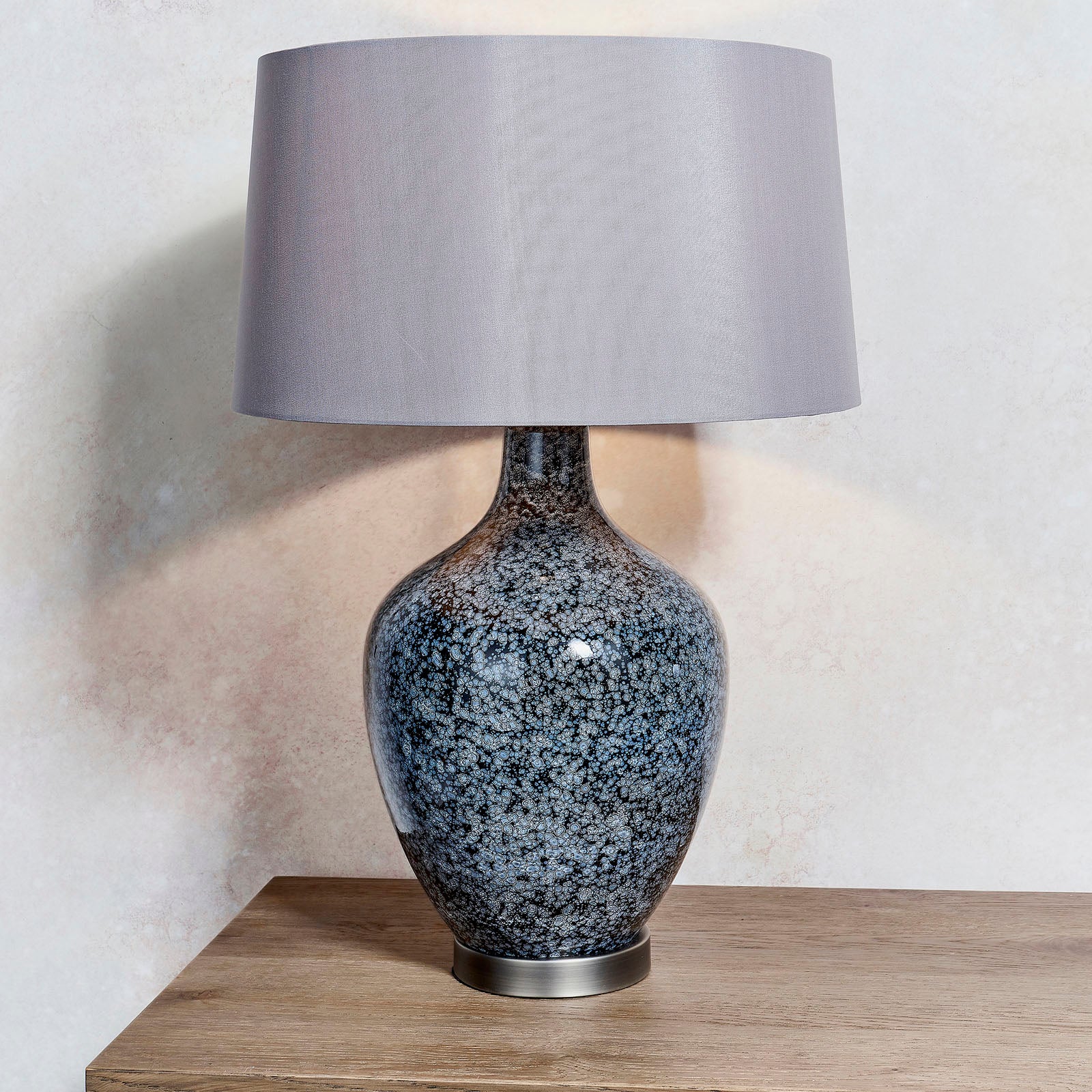 Ilsa Black Glass Table Lamp with Grey Faux Silk Shade