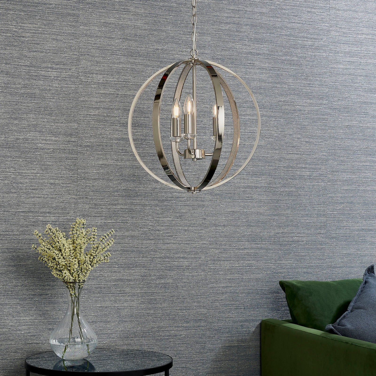 Ritz Modern 3-Light Pendant Lamp (Bright Nickel, Open Frame)