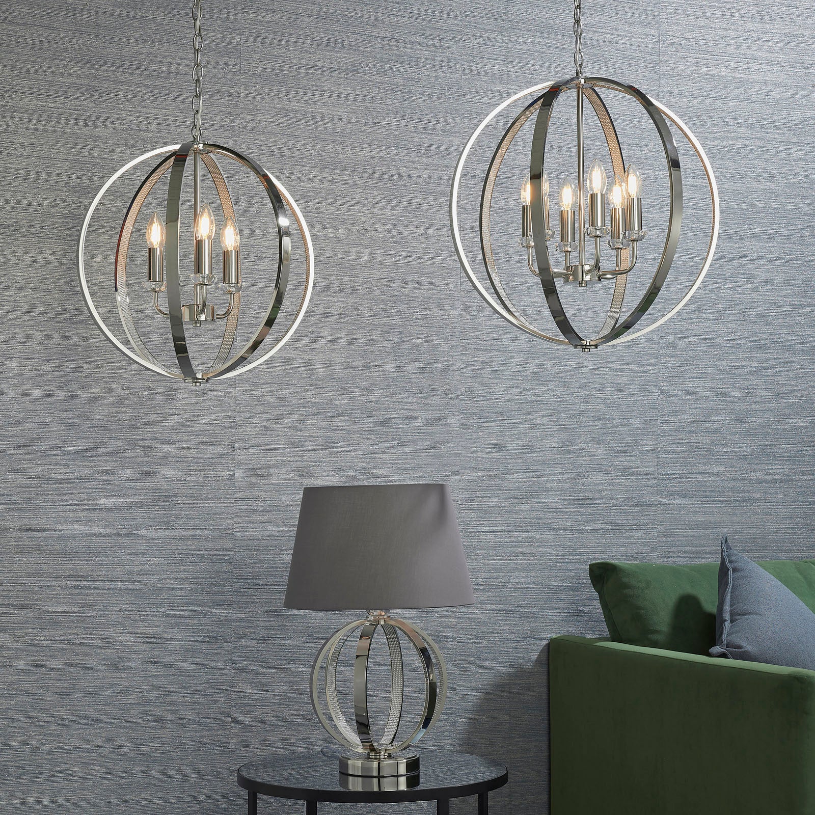 Ritz Modern 3-Light Pendant Lamp (Bright Nickel, Open Frame)