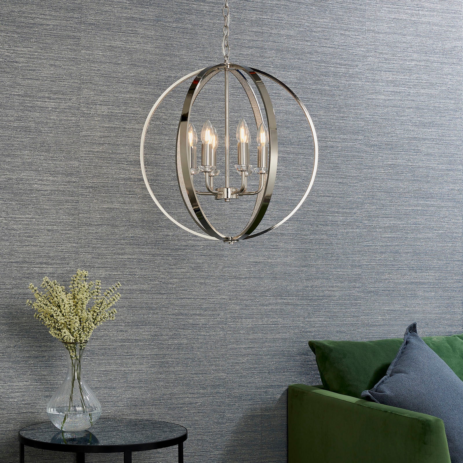 Ritz Modern 6-Light Pendant Lamp (Bright Nickel, Open Frame)