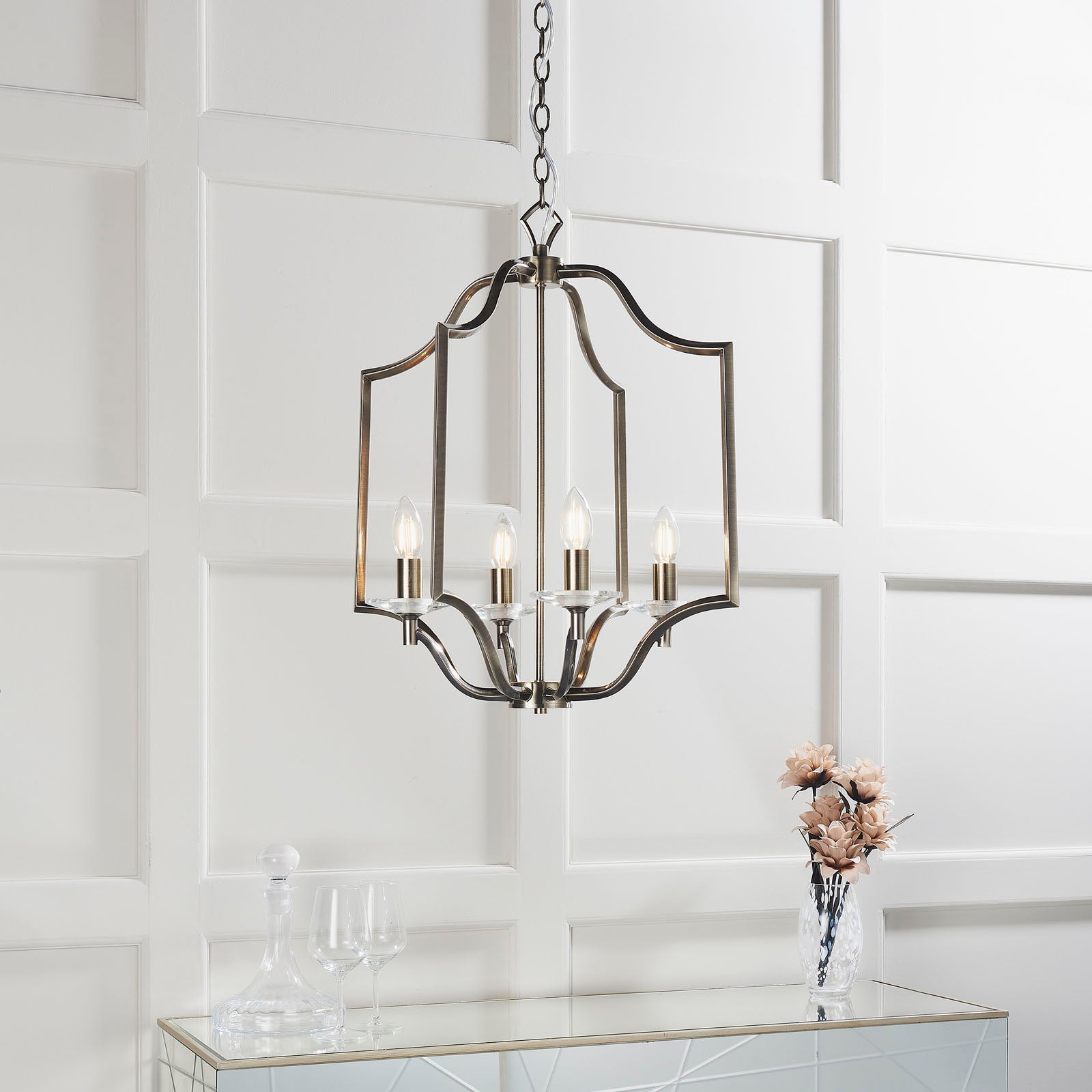 Lainey 4-Light Antique Brass Rope Chain Pendant with Crystal Glass