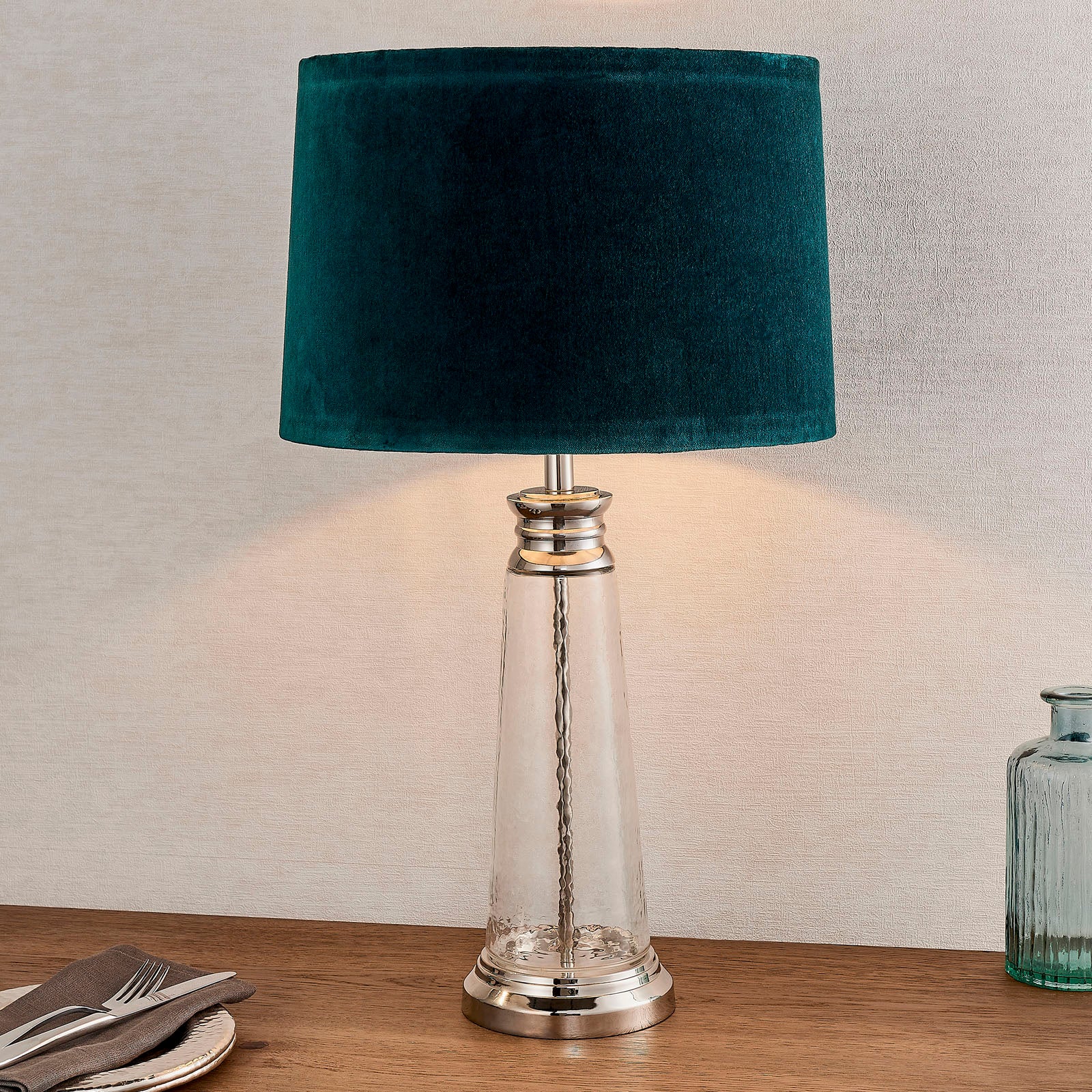Winslet 1-Light Table Lamp with Clear Glass Base & Teal Velvet Shade