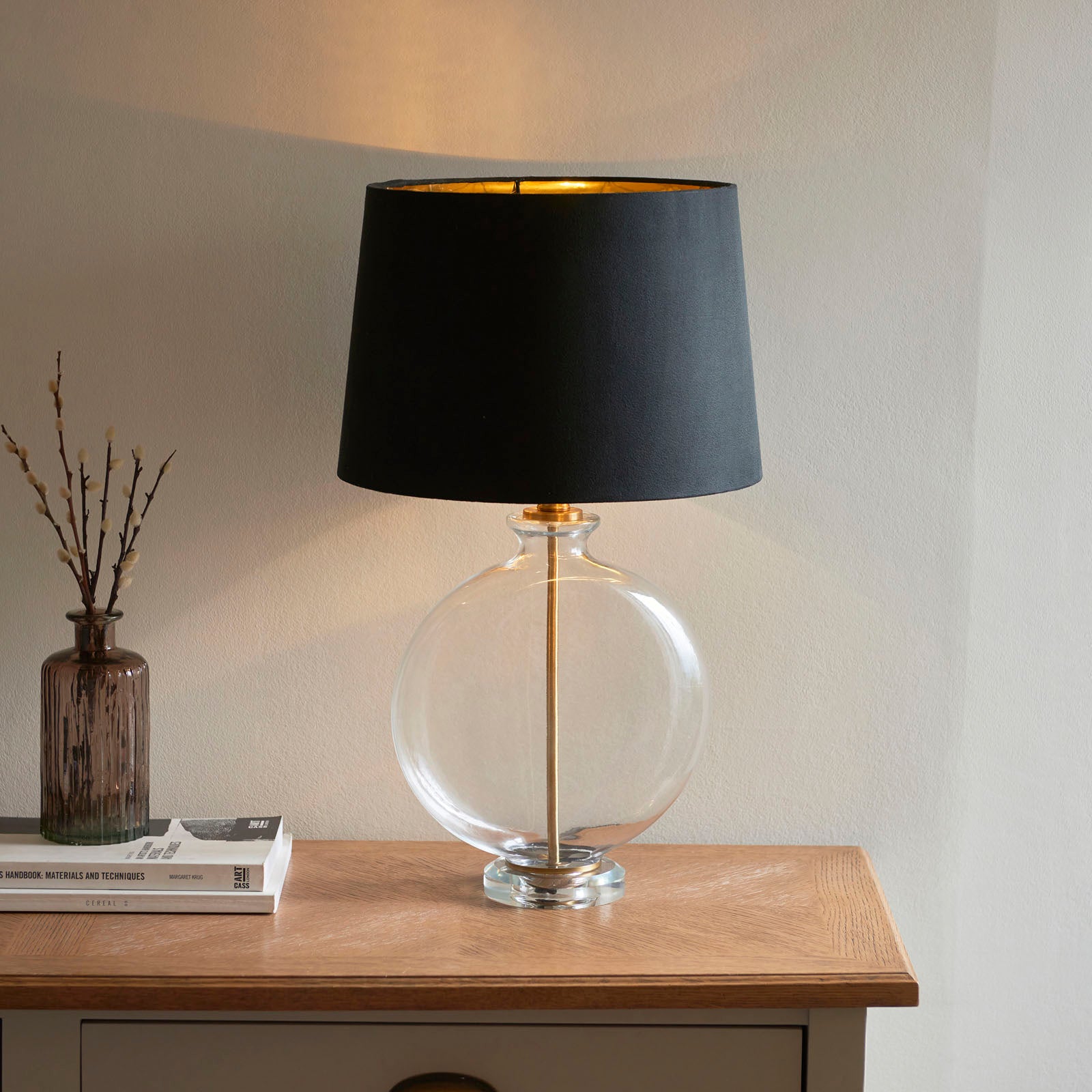 Gideon 1-Light Table Lamp - Clear Glass & Antique Brass with Velvet Shade