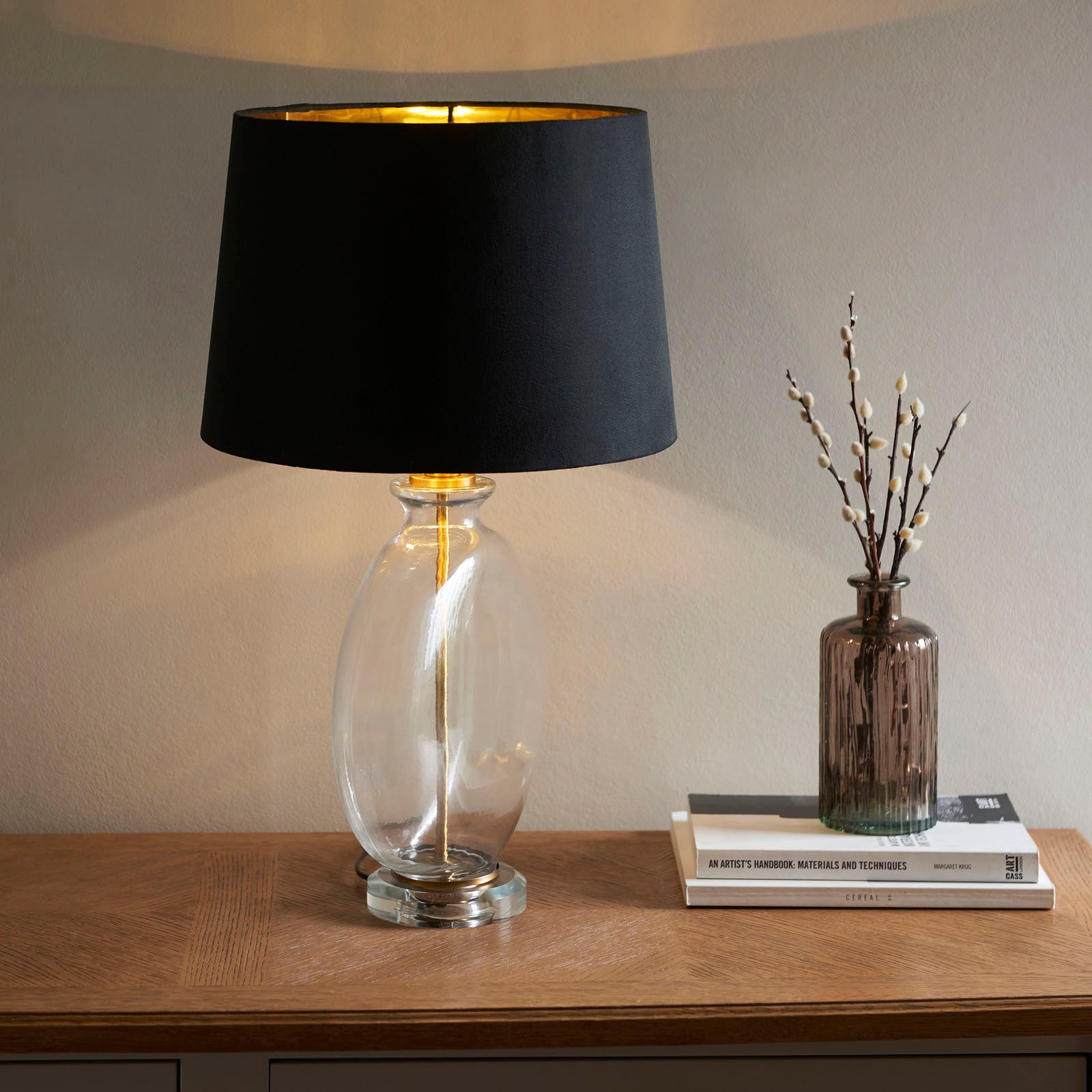 Gideon 1-Light Table Lamp - Clear Glass & Antique Brass with Velvet Shade