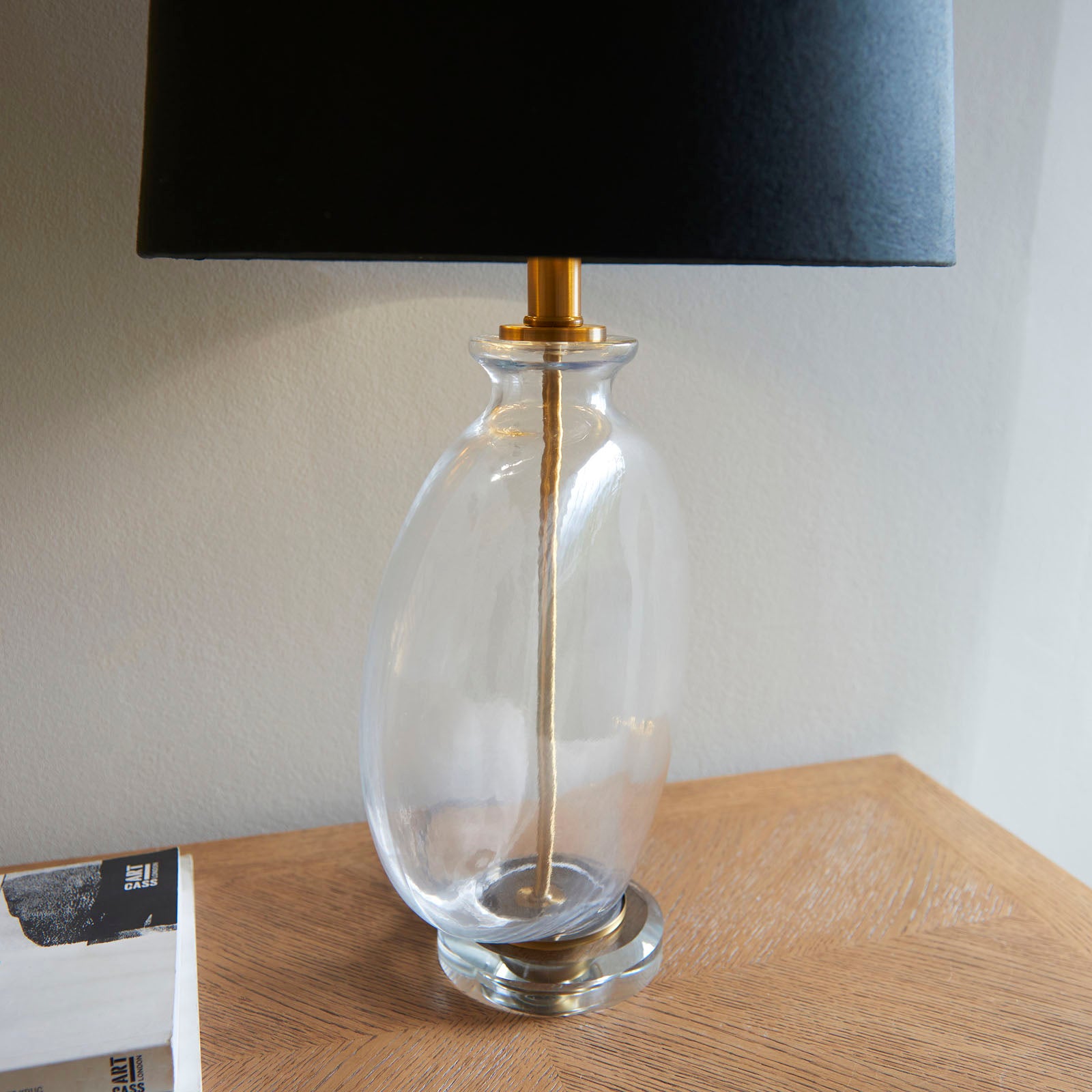 Gideon 1-Light Table Lamp - Clear Glass & Antique Brass with Velvet Shade