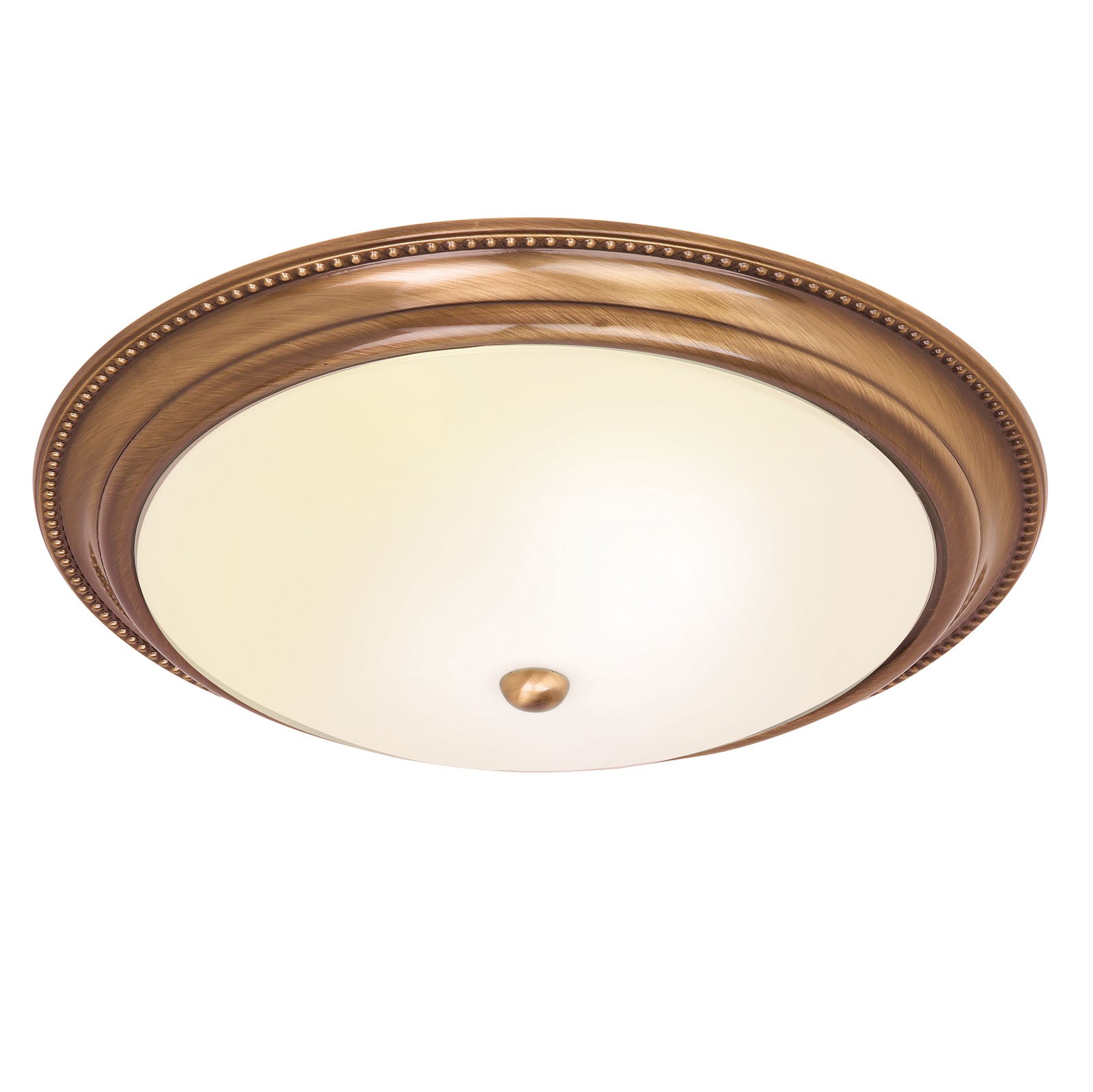 Atlas 2-Light Flush Mount: Antique Brass & Etched Glass (Dimmable)
