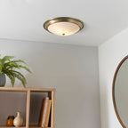Atlas 2-Light Flush Mount: Antique Brass & Etched Glass (Dimmable)