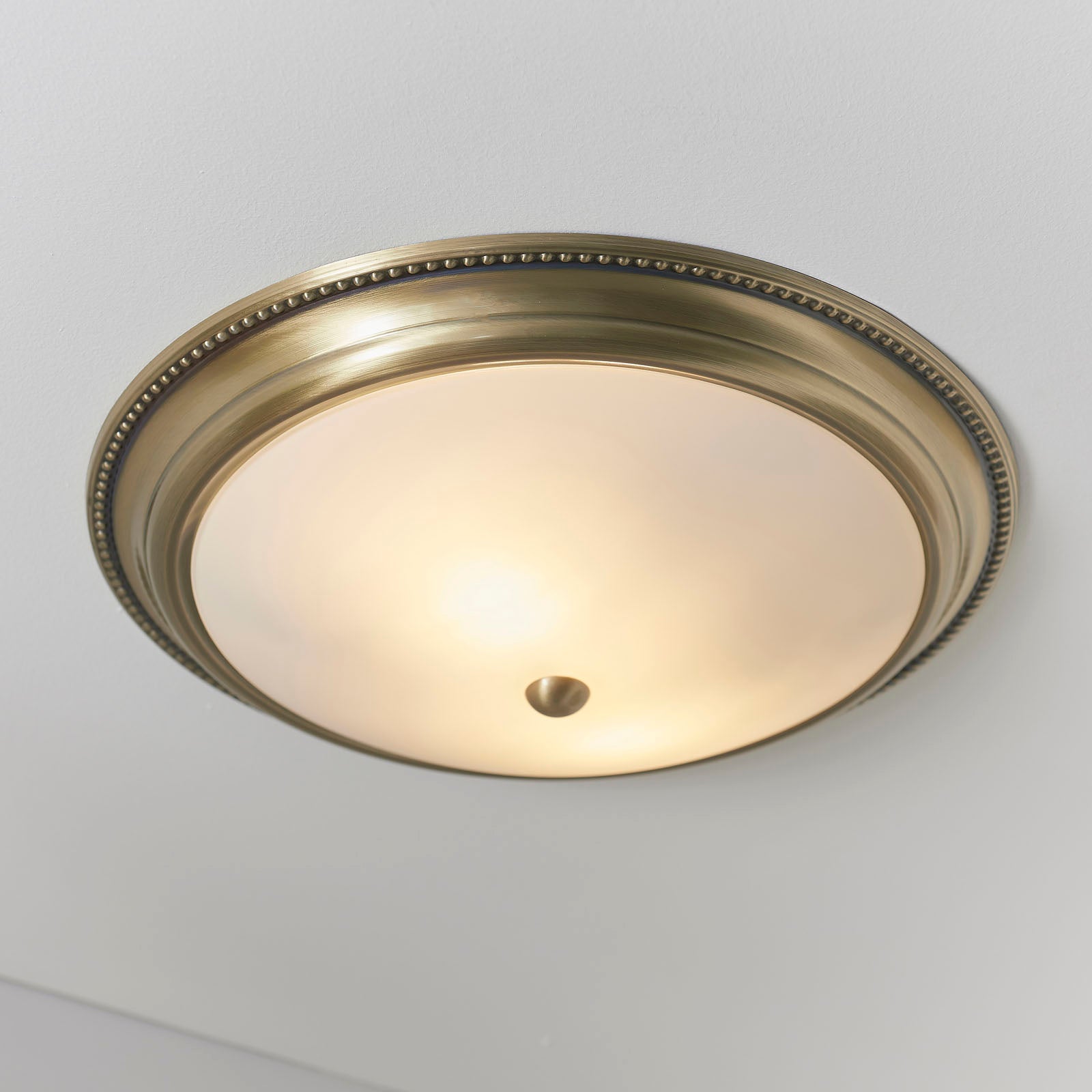 Atlas 2-Light Flush Mount: Antique Brass & Etched Glass (Dimmable)