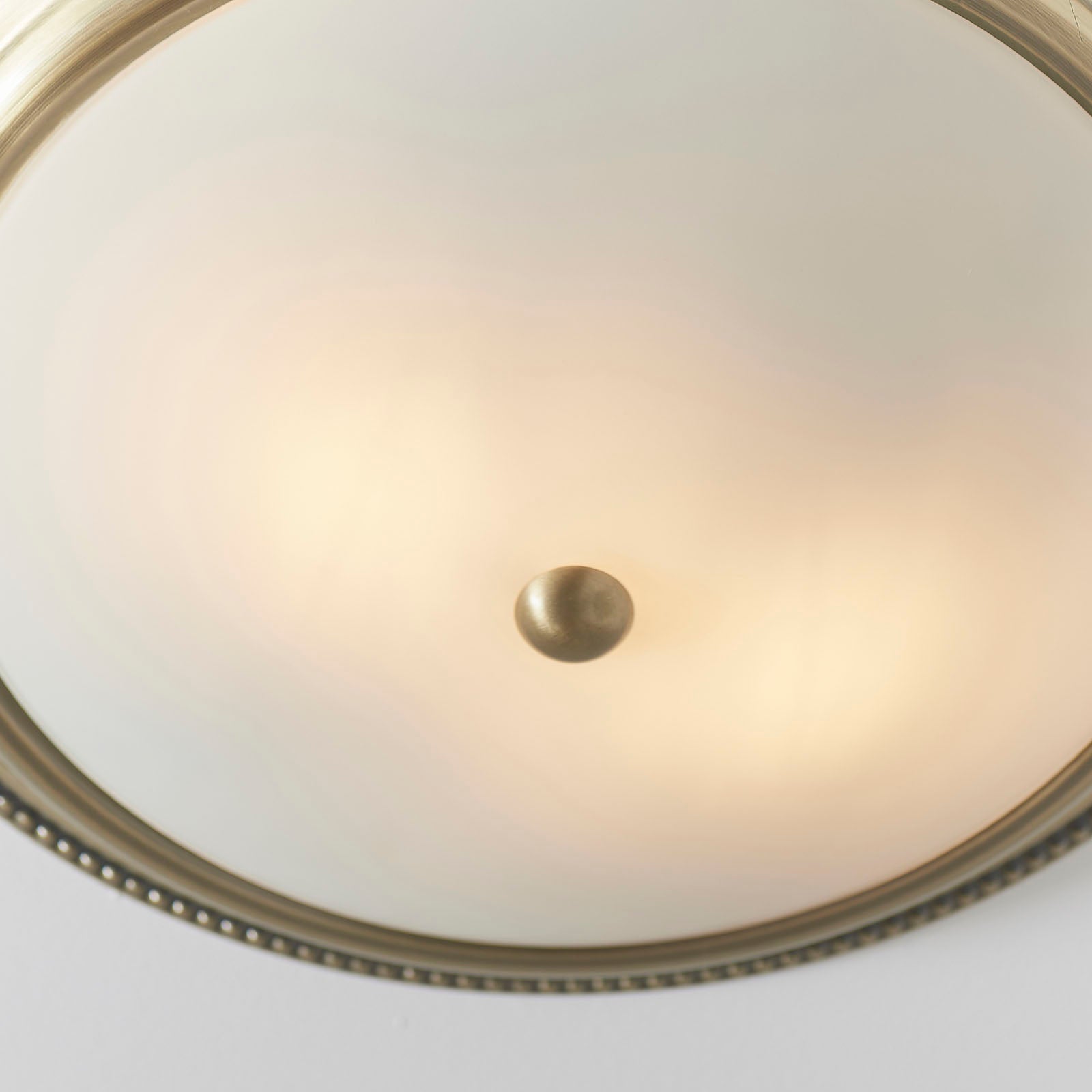 Atlas 2-Light Flush Mount: Antique Brass & Etched Glass (Dimmable)