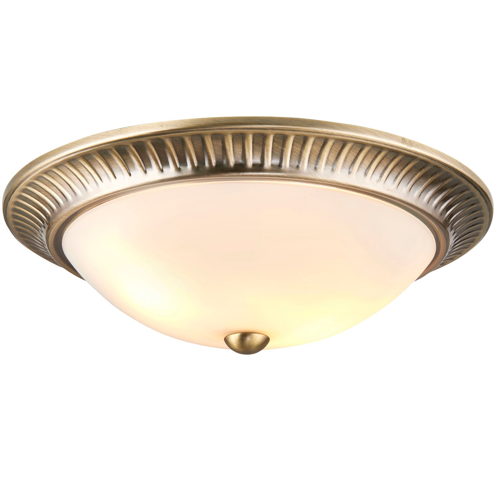 Brahm 2-Light Flush Mount: Antique Brass & Acid Glass (Dimmable)