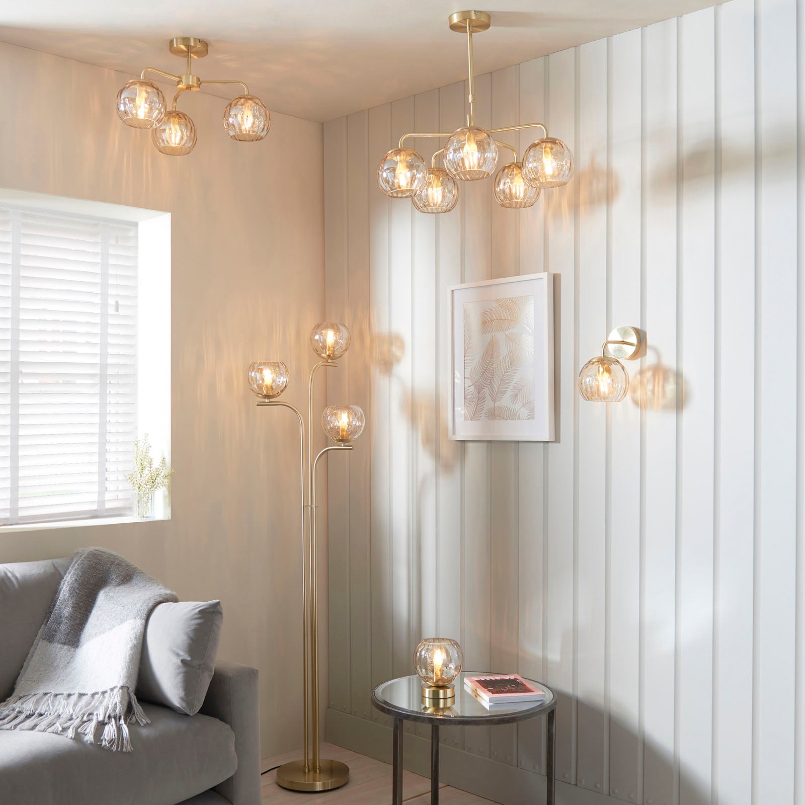 Dimple 3-Light Champagne Glass Floor Lamp with Brushed Gold Finish
