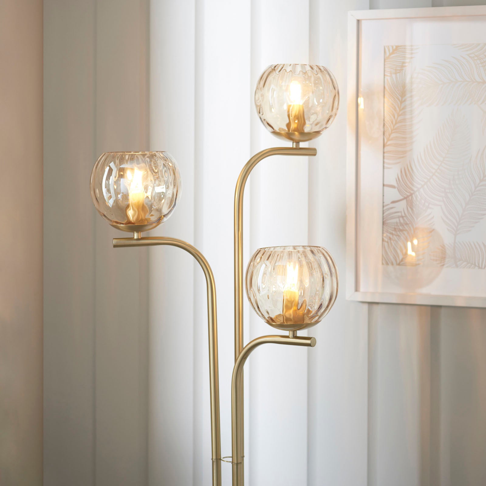 Dimple 3-Light Champagne Glass Floor Lamp with Brushed Gold Finish