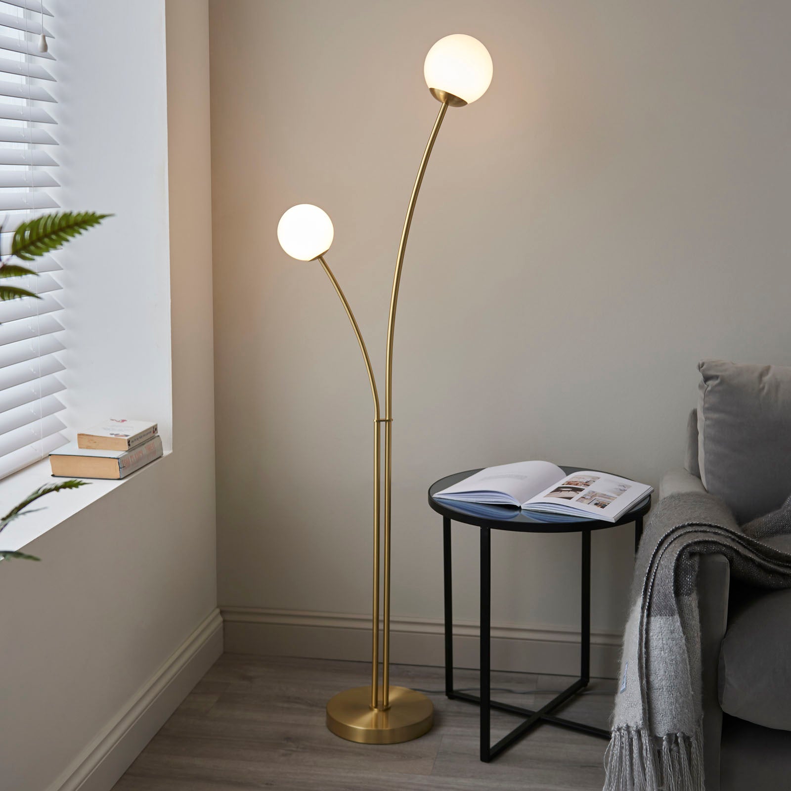Bloom 2-Light Floor Lamp: Modern Design (Satin Gold & White Glass)