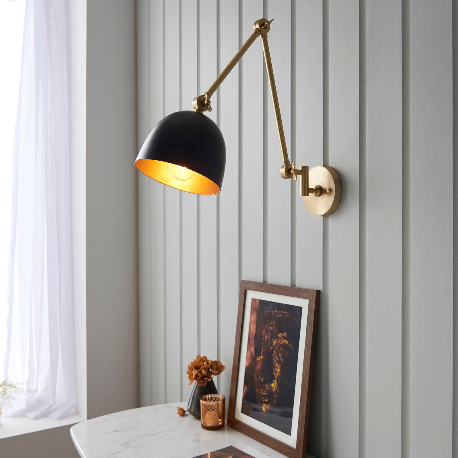Lehal Adjustable Brass Wall Light with Antique Finish & Black Shade