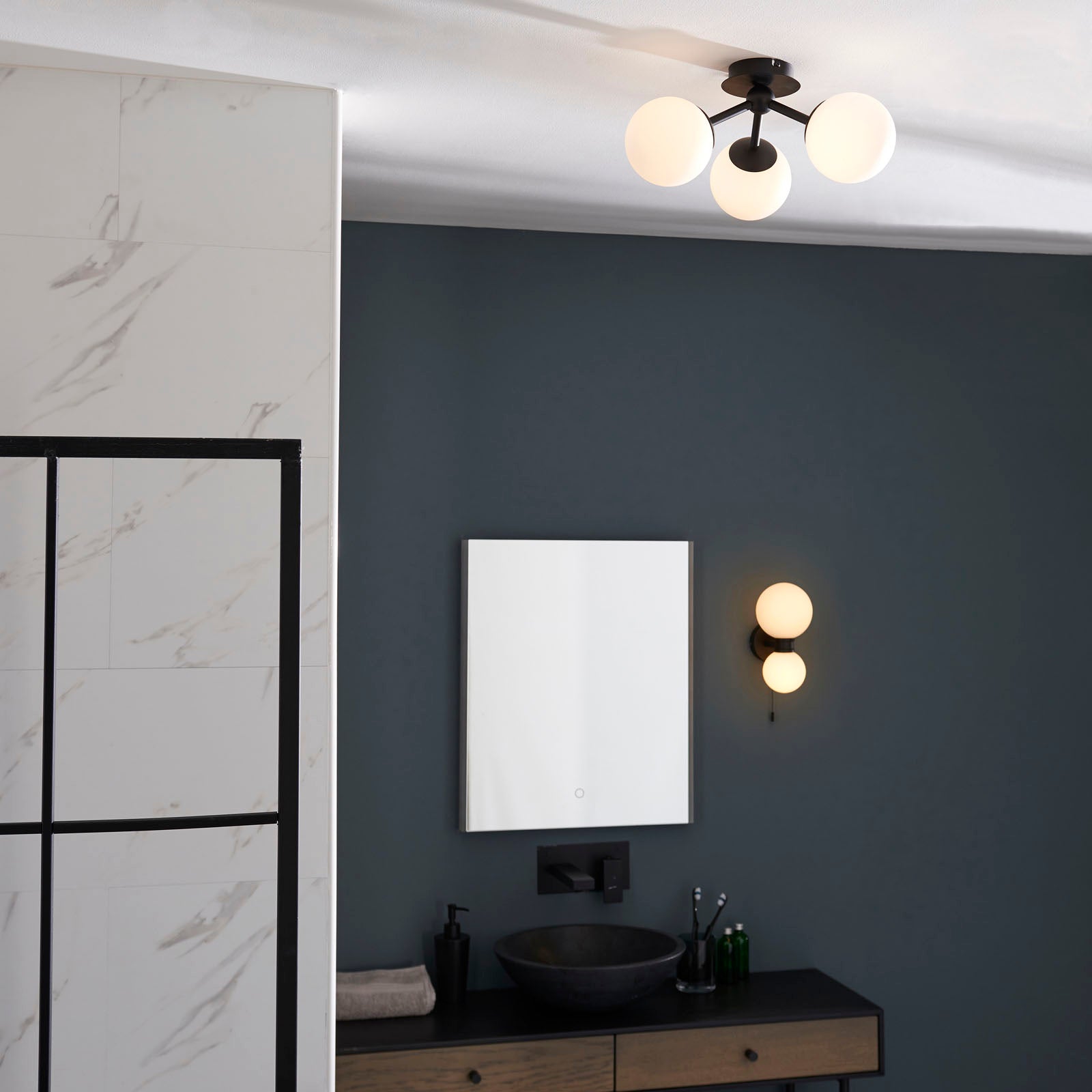 Pulsa Matt Black & Matt White 3-Light Dimmable IP44 Rated Bathroom Ceiling Light