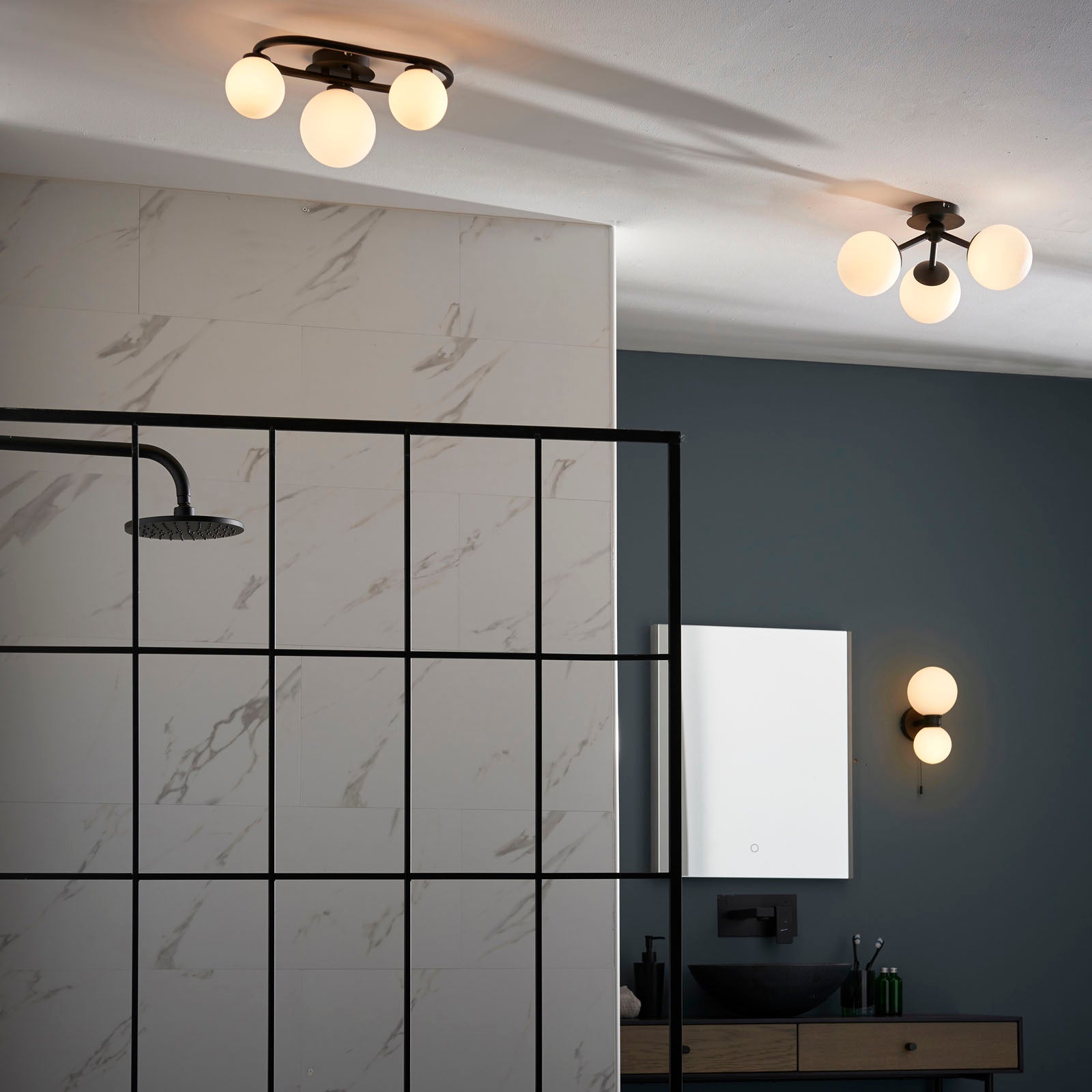 Pulsa Matt Black & Matt White 3-Light Dimmable IP44 Rated Bathroom Ceiling Light (Similar)