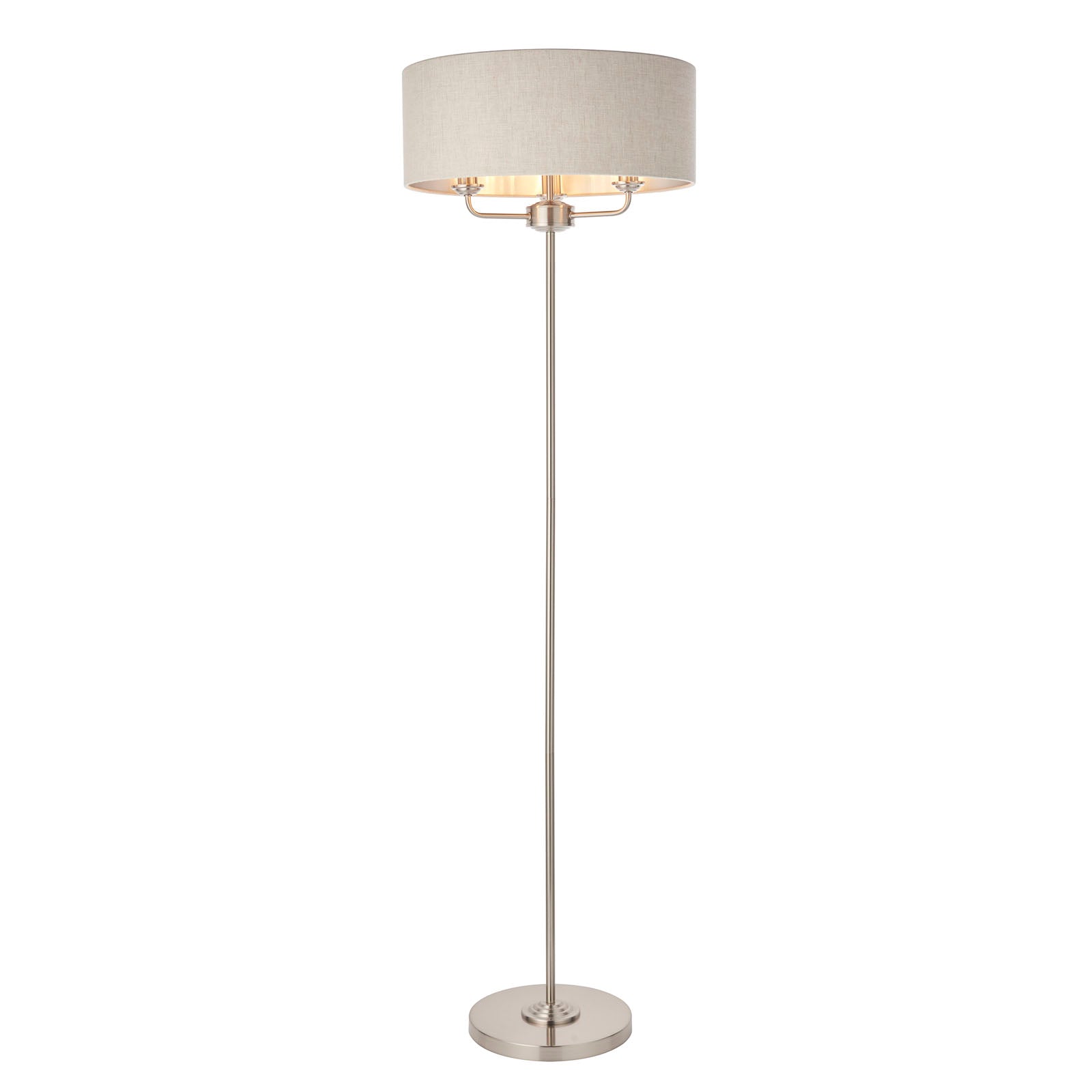 Highclere Brushed Chrome 3-Light Floor Lamp with Natural Linen Shades
