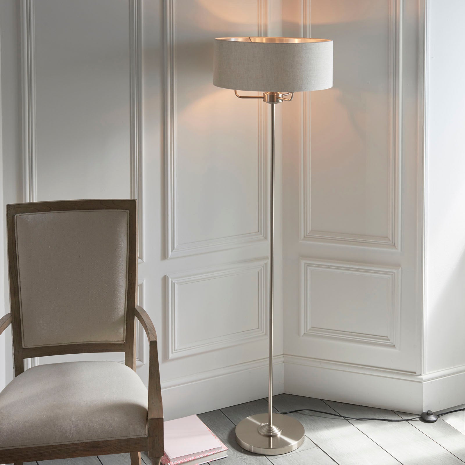 Highclere Brushed Chrome 3-Light Floor Lamp with Natural Linen Shades